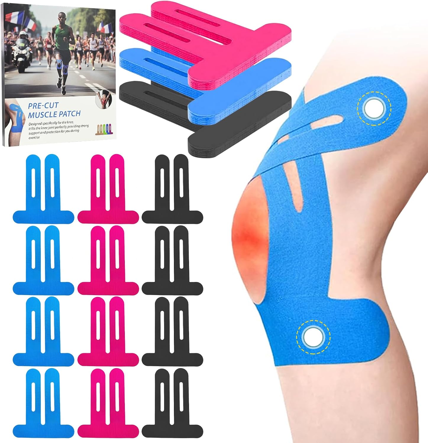 Detalle de NEUJUS Knie Tape Vorgeschnitten – 12 Streifen Kinesio Tape für Knie, elastisch, hautfreundlich, stark haftend