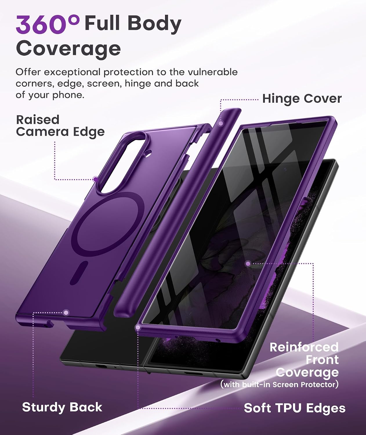 Detalle de BERFY Z Fold 7 Case with Privacy Screen Protector, Hidden Kickstand & MagSafe Compatibility (Purple)