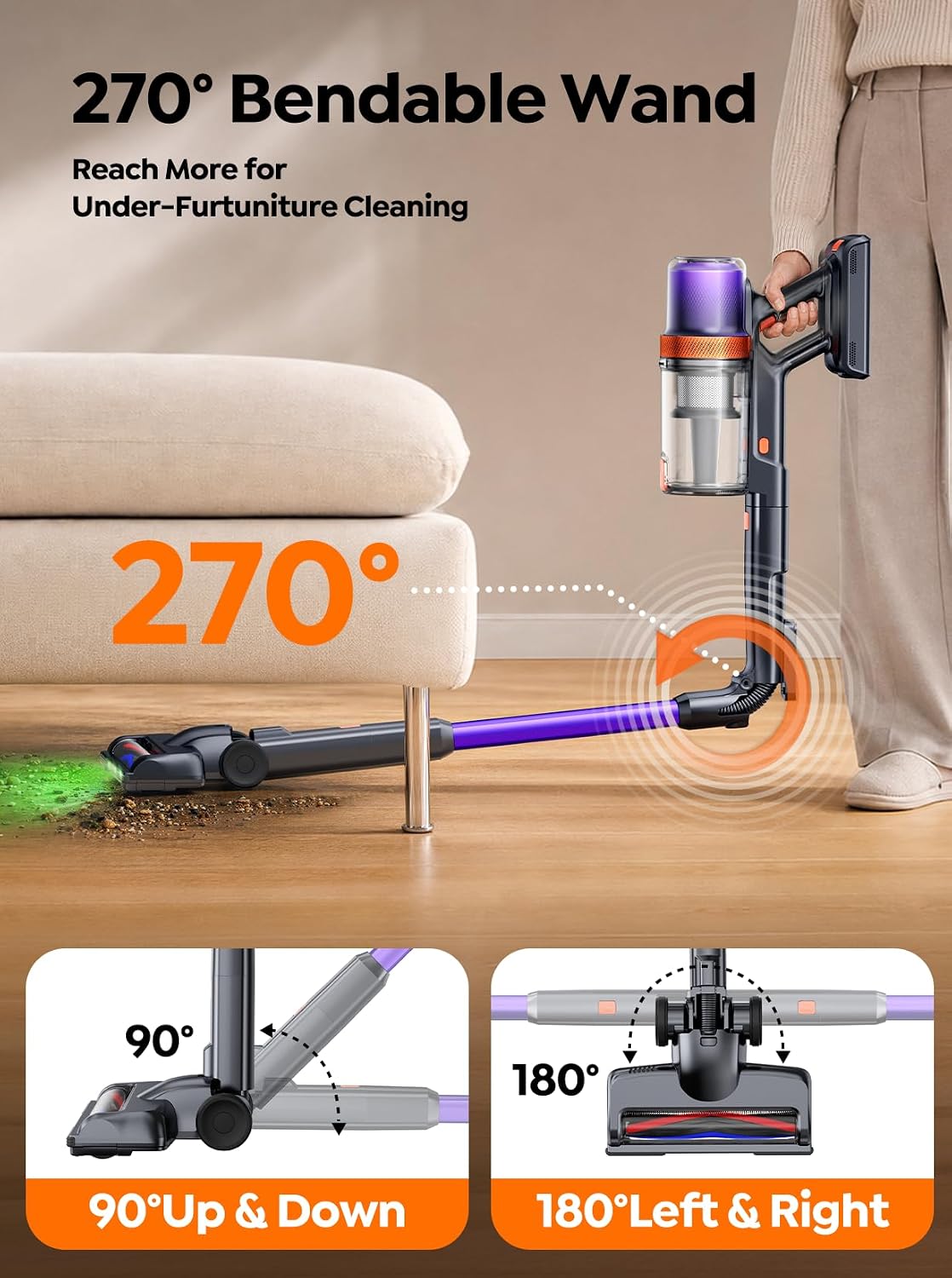 Detalle 1 de INTETURE BP70 Cordless Stick Vacuum, 650W, 55KPa, 270° Flexible Wand