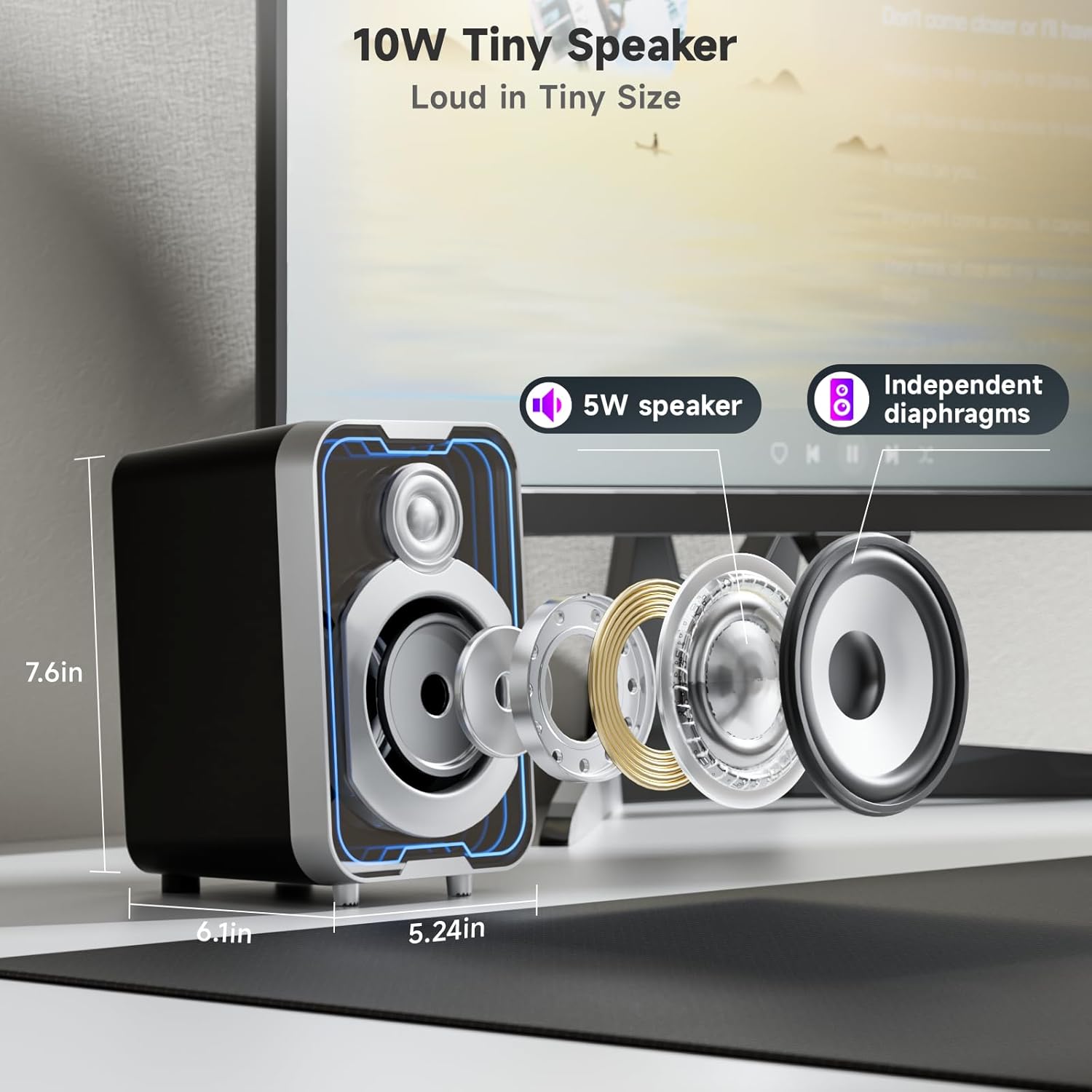 Detalle de SOULION 2.0 Computer Speakers: Compact 10W USB-Bluetooth Desktop Soundbar with LED Modes