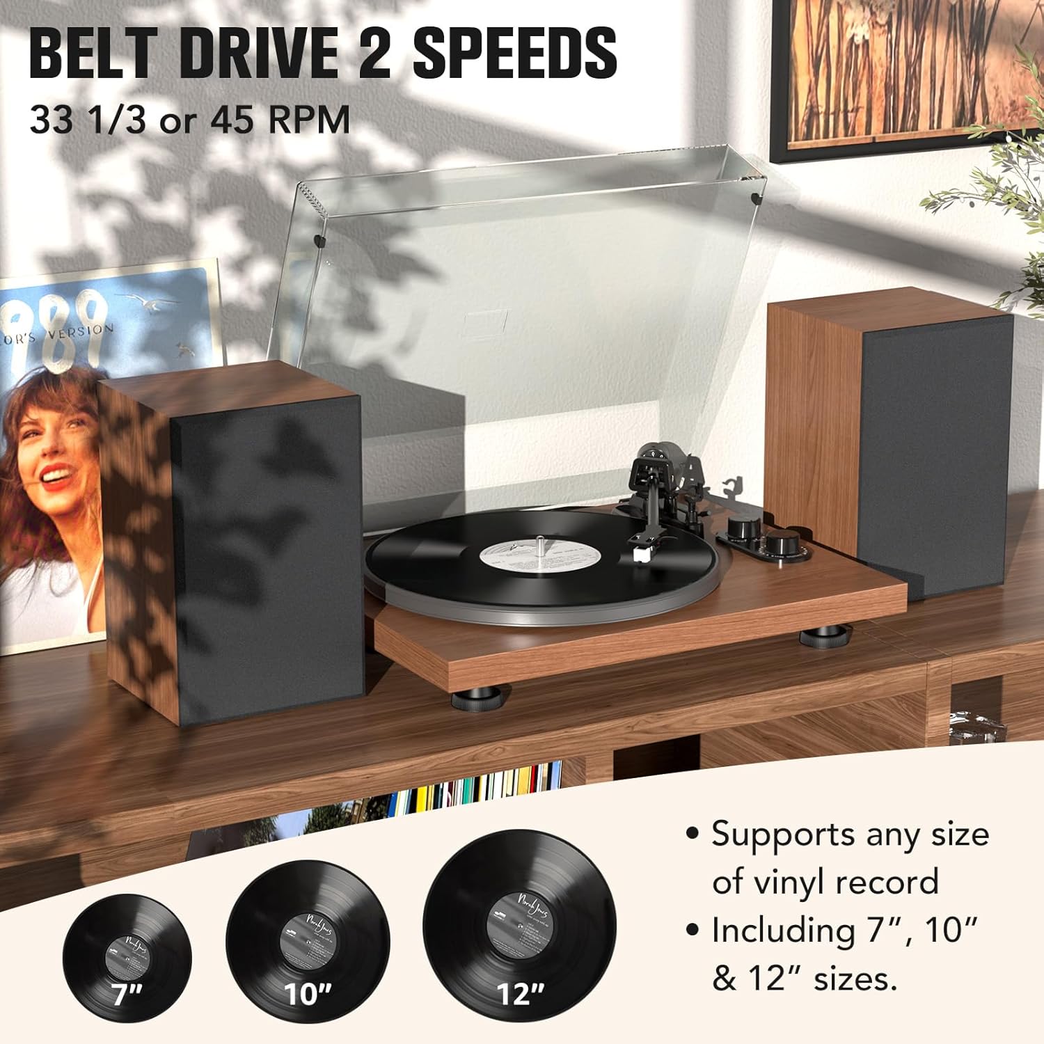 Thumbnail 2 de Udreamer Platine Vinyle Système Hi‑Fi avec Enceintes d'étagère 40 W — plateau aluminium, Bluetooth, 2 vitesses