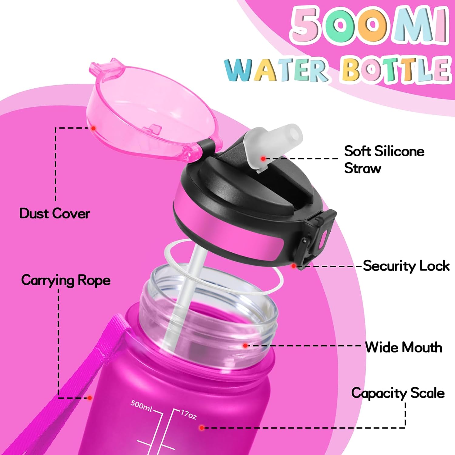 Detalle 1 de Botella Niños 500ml, Antifugas, Con Pajita y Cierre Seguro 💧