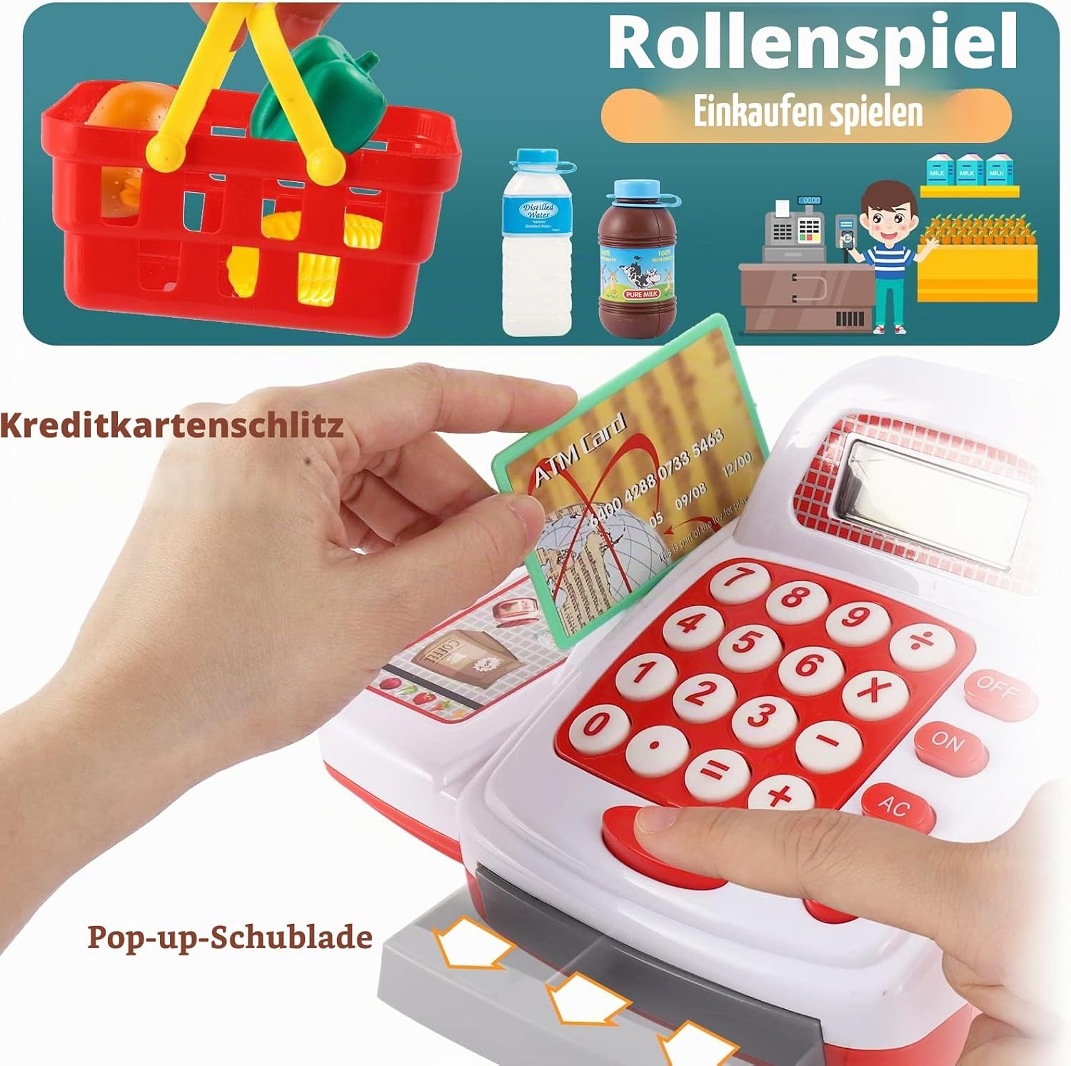 Detalle de TOEY PLAY Kinderkasse mit Scanner & Sound (Kaufladen-Spielzeug) – Spielkasse für Rollenspiel ab 3 Jahren