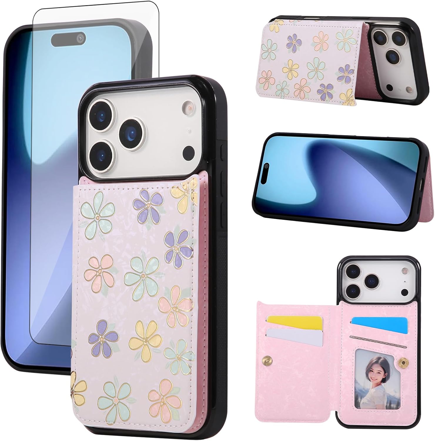 Thumbnail 6 de Asuwish Rose Wallet Case for iPhone 16e/SE 2025 with Screen Protector, 4 Card Slots and Stand
