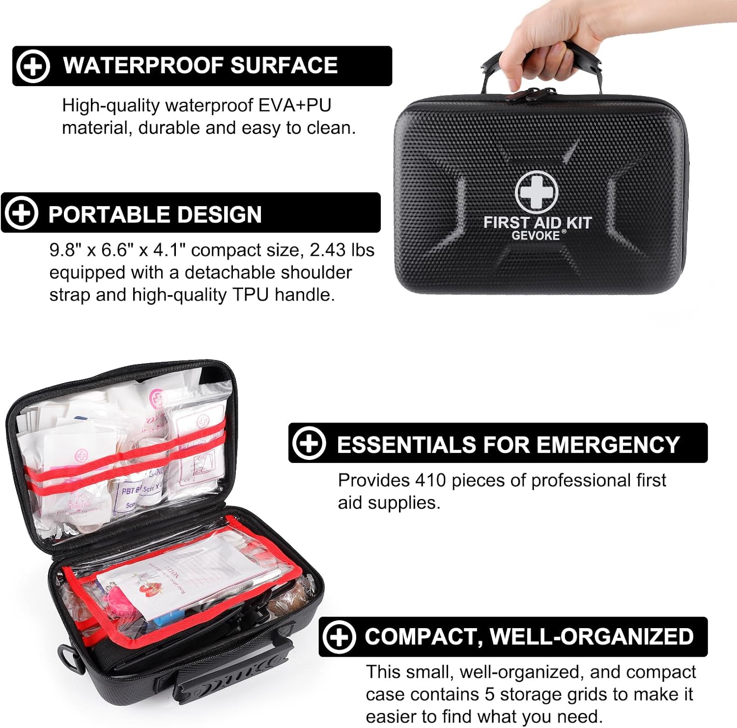 Detalle de Gevoke 410 Piece Waterproof Hard Shell First Aid Kit, Black
