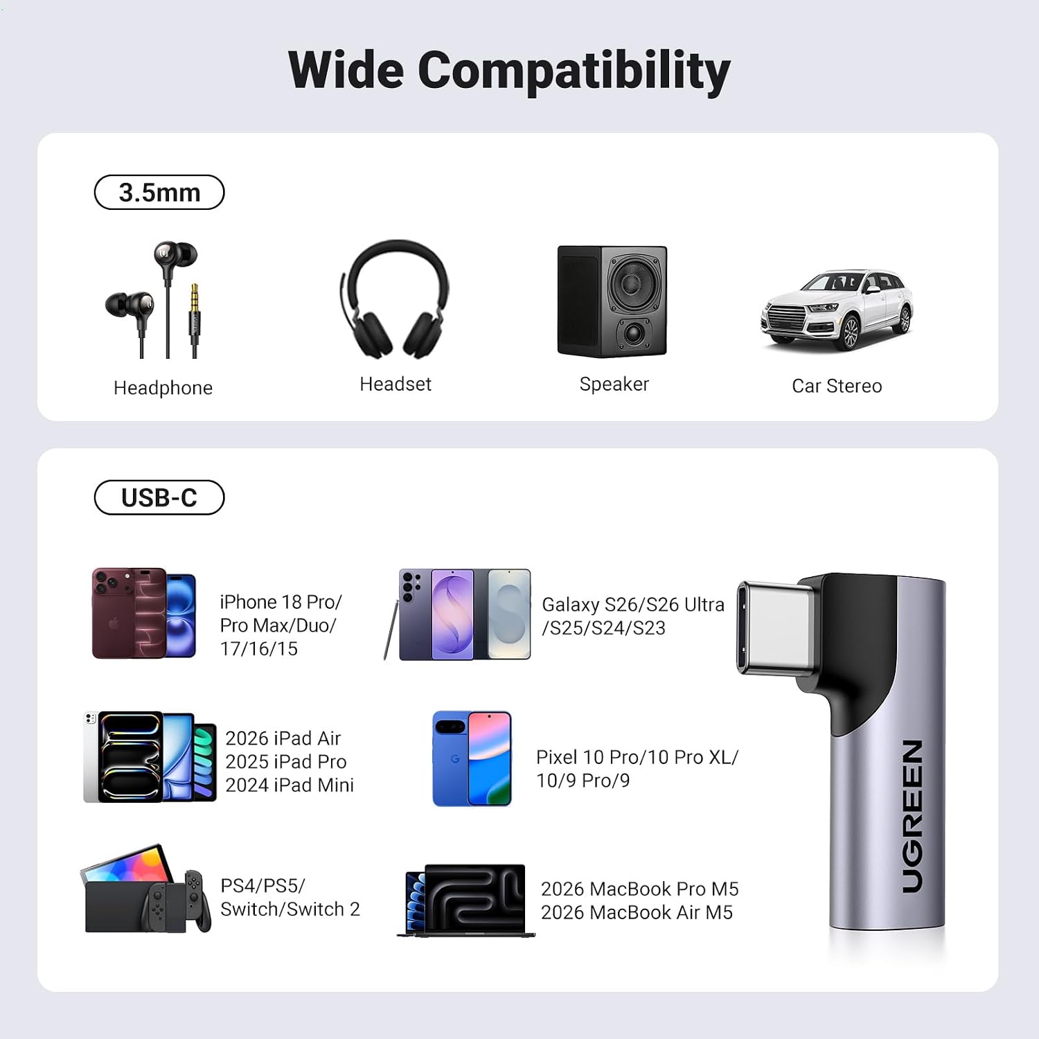 Thumbnail 6 de UGREEN USB-C-naar-3,5mm-jackadapter met haakse stekker en DAC-chip
