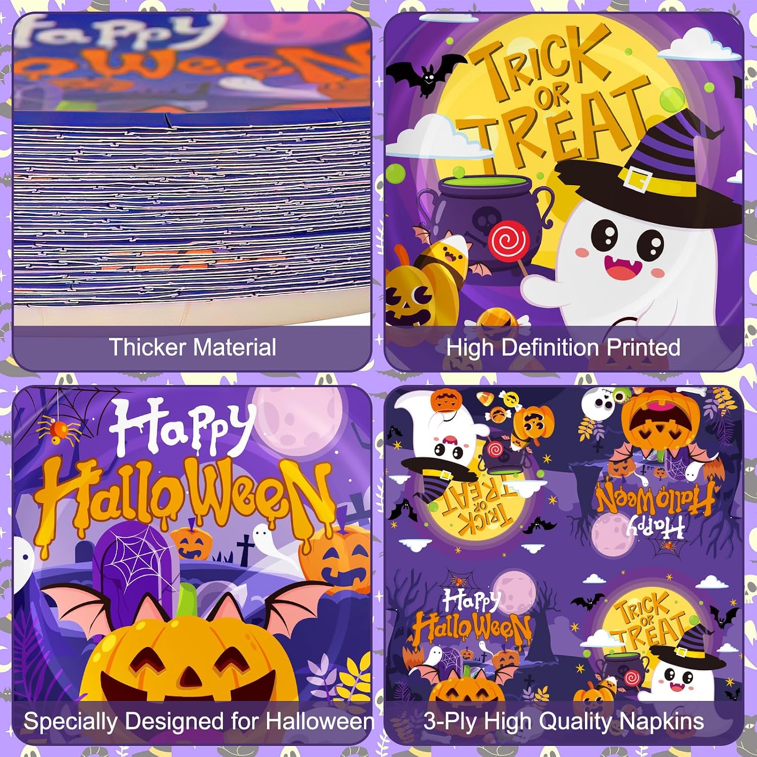 Detalle de PERFQU Halloween Paper Plates and Napkins Set, 150 Pieces, 9- and 7-Inch Plates