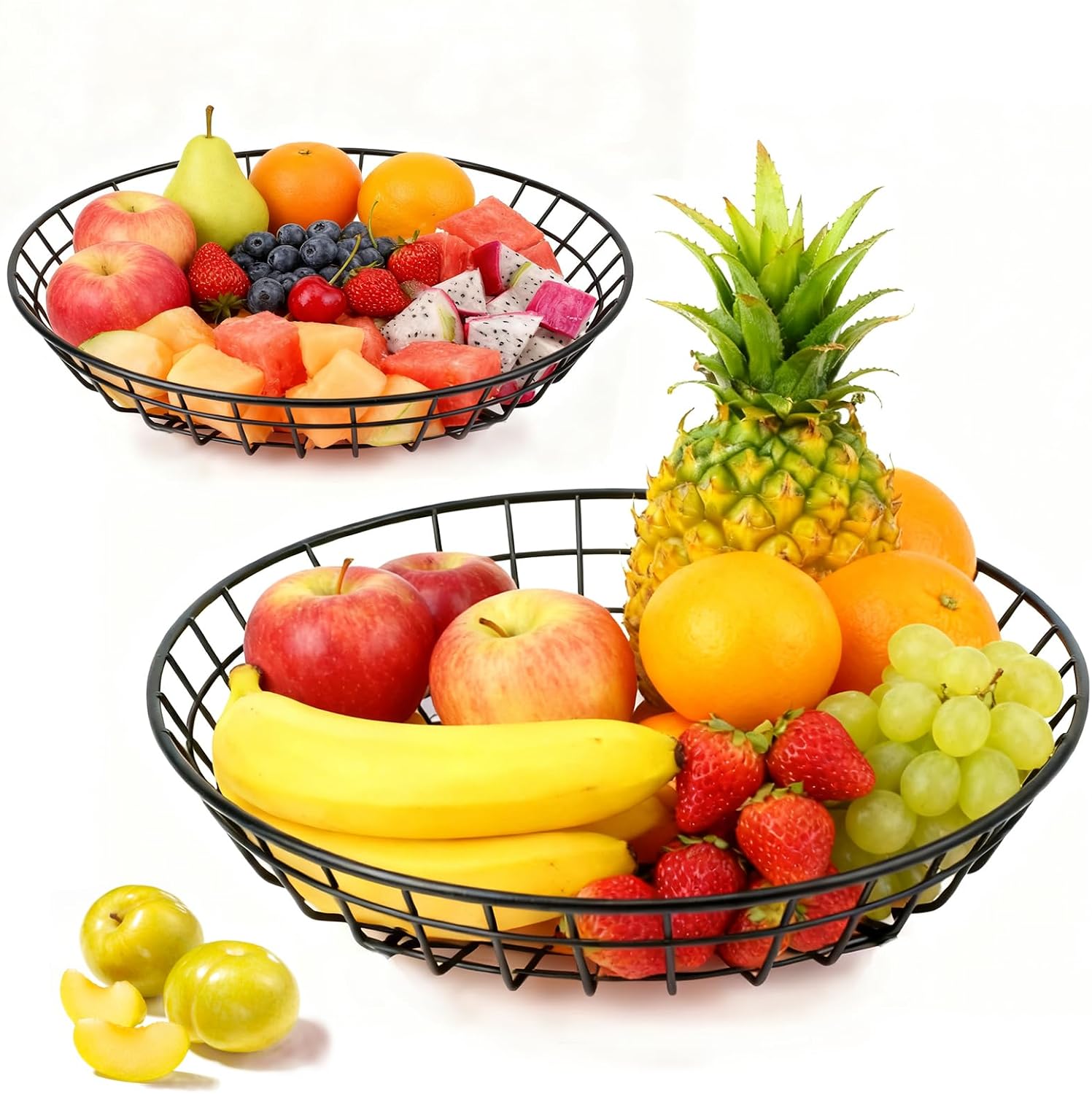 Detalle de Obstkorb, Runder Metallgitter Korb | 2 Stück schwarz – Flexibler Display- und Aufbewahrungshelfer für Obst, Gemüse, Brot