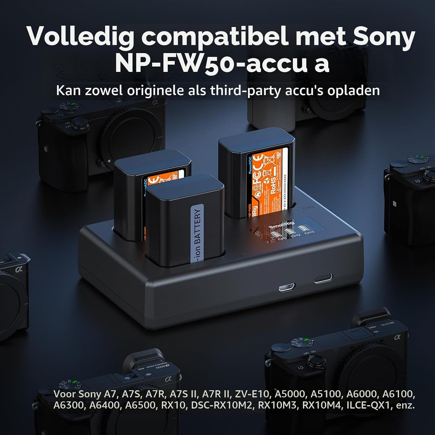 Detalle de SMALLRIG 6019 NP-FW50-batterijset met drie accu's en lcd-lader
