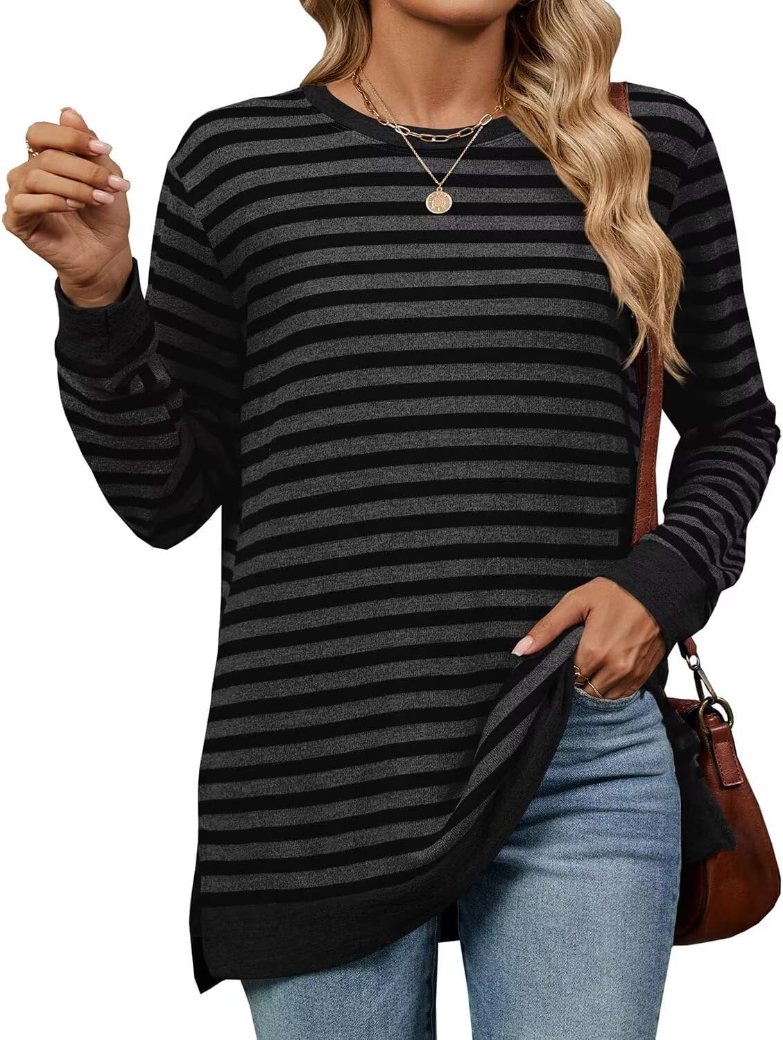 Detalle 2 de WELINCO Women's Long-Sleeve Colour-Block Tunic Top with Side Splits