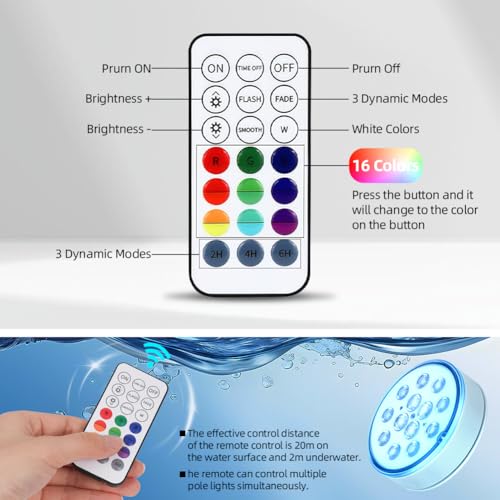 Detalle de Luci subacquee vsshe Piscina LED 2 pezzi ricaricabili con telecomando IP68, 16 colori, occhiello per matrimoni e piscine