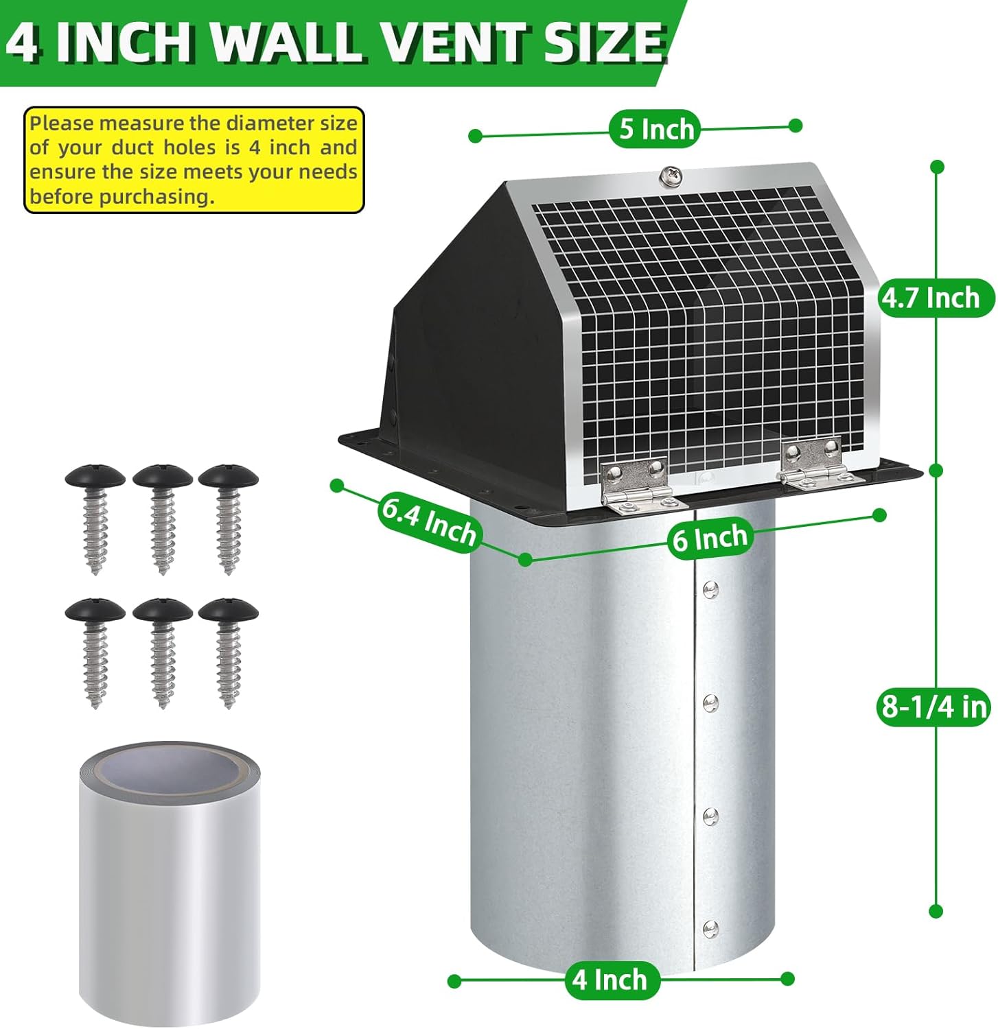 Detalle 2 de JYINCPED WVK013-4 Inch Black Hooded Wall Vent, Galvanized Steel Dryer Exhaust