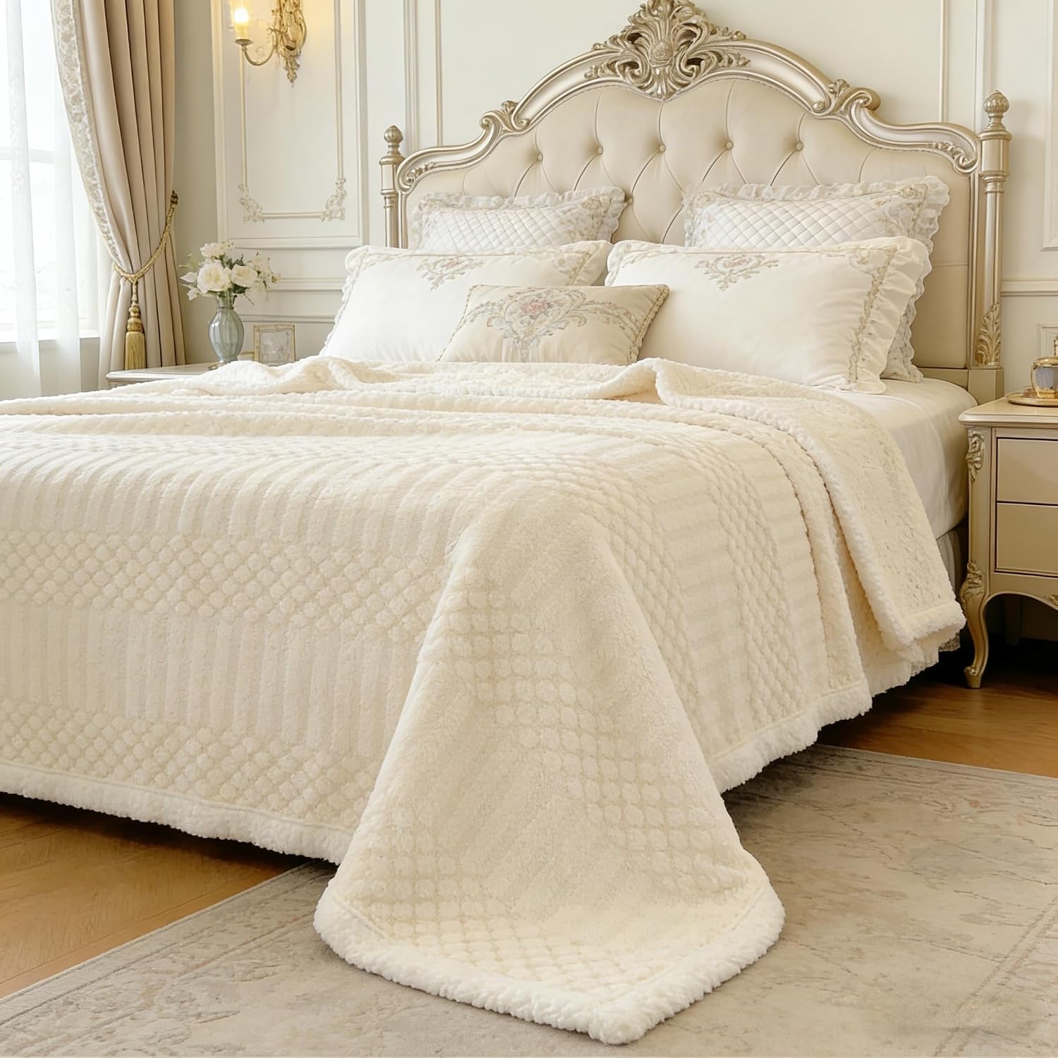 Detalle 2 de Sherpa Fleece Super Soft Blanket 150x200cm – Cream White, Double-Sided for Bed or Sofa