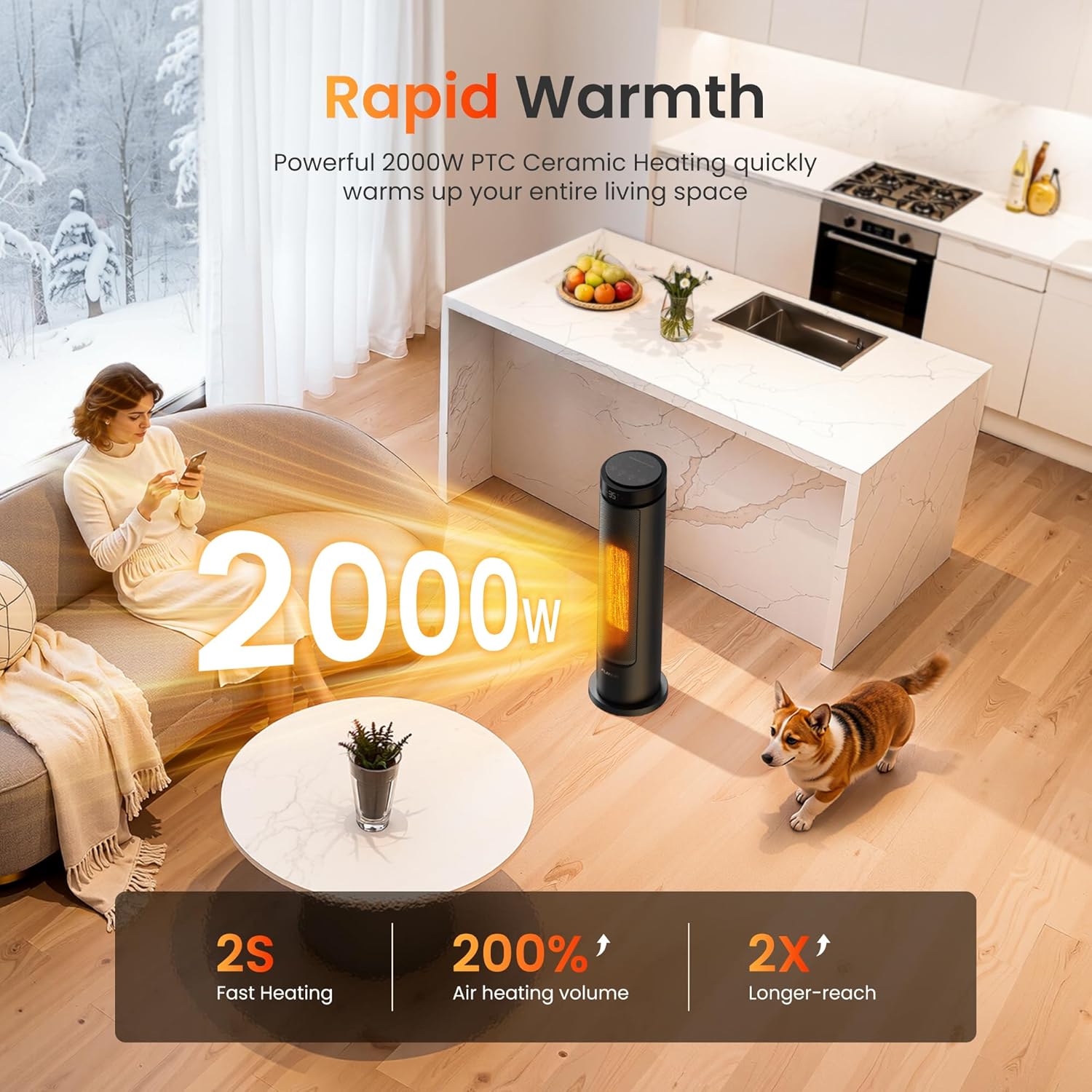 Detalle 2 de FLANUR 2000W Electric Tower Fan Heater with Programmable Thermostat, ECO Mode & Remote