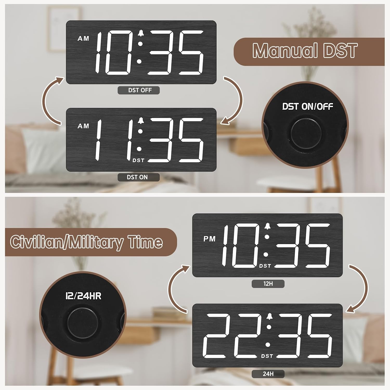 Detalle 1 de DreamSky Wooden Digital Alarm Clock with Large Numbers, Dimmer and Adjustable Alarm
