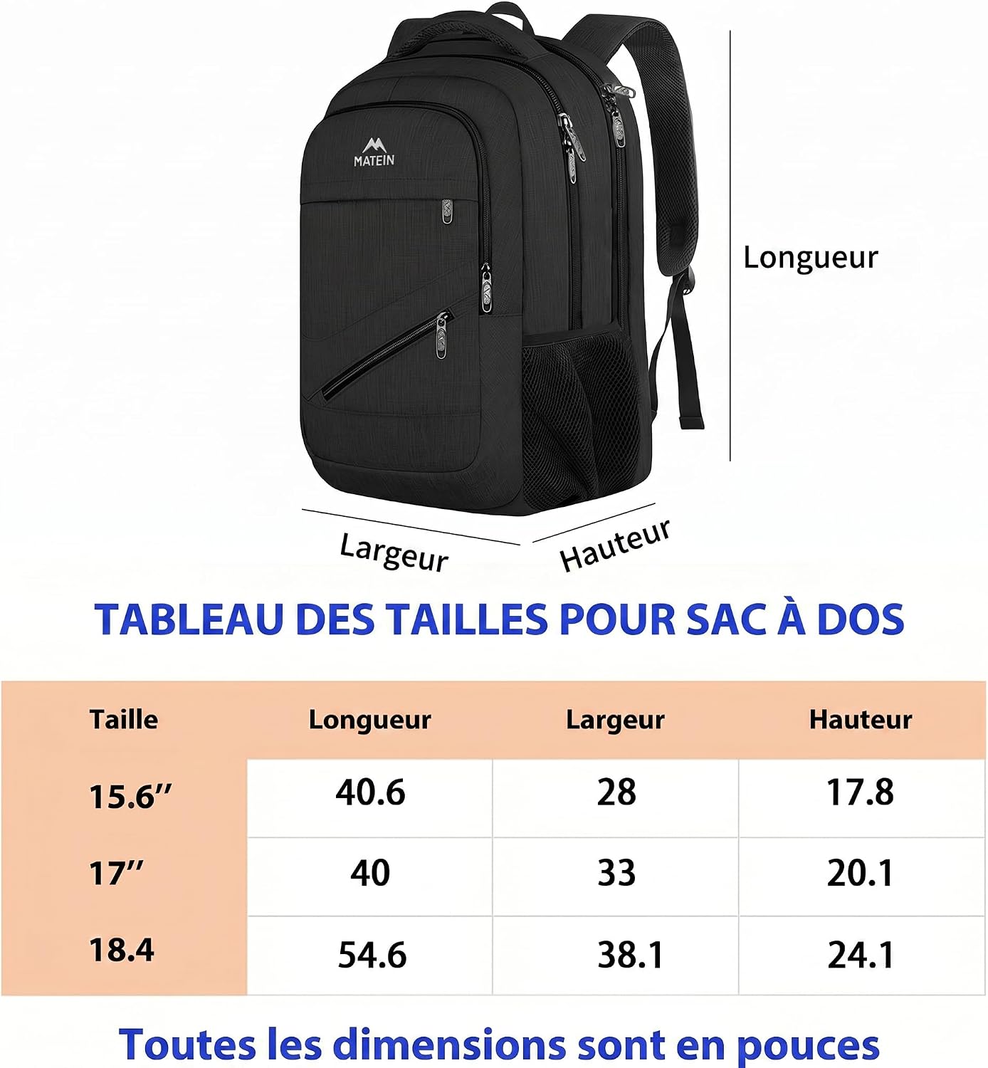 Detalle 2 de MATEIN MATIN Sac à dos pour ordinateur portable 17 pouces, 30 L, imperméable et anti-vol (USB, sangle bagage) – Noir