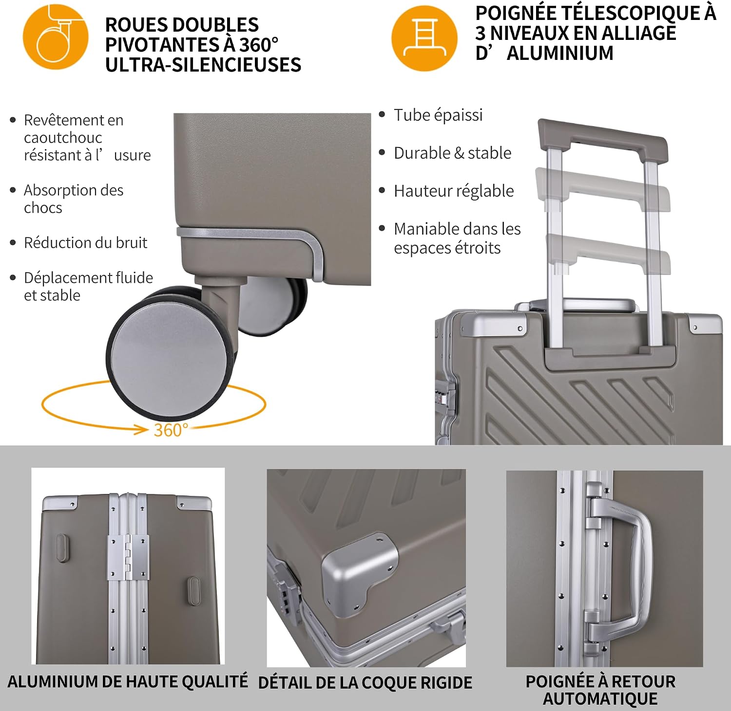 Detalle de 100% Polycarbonate Zipperless Large Suitcase (Khaki Grey) with Double TSA Locks and 4 Wheels