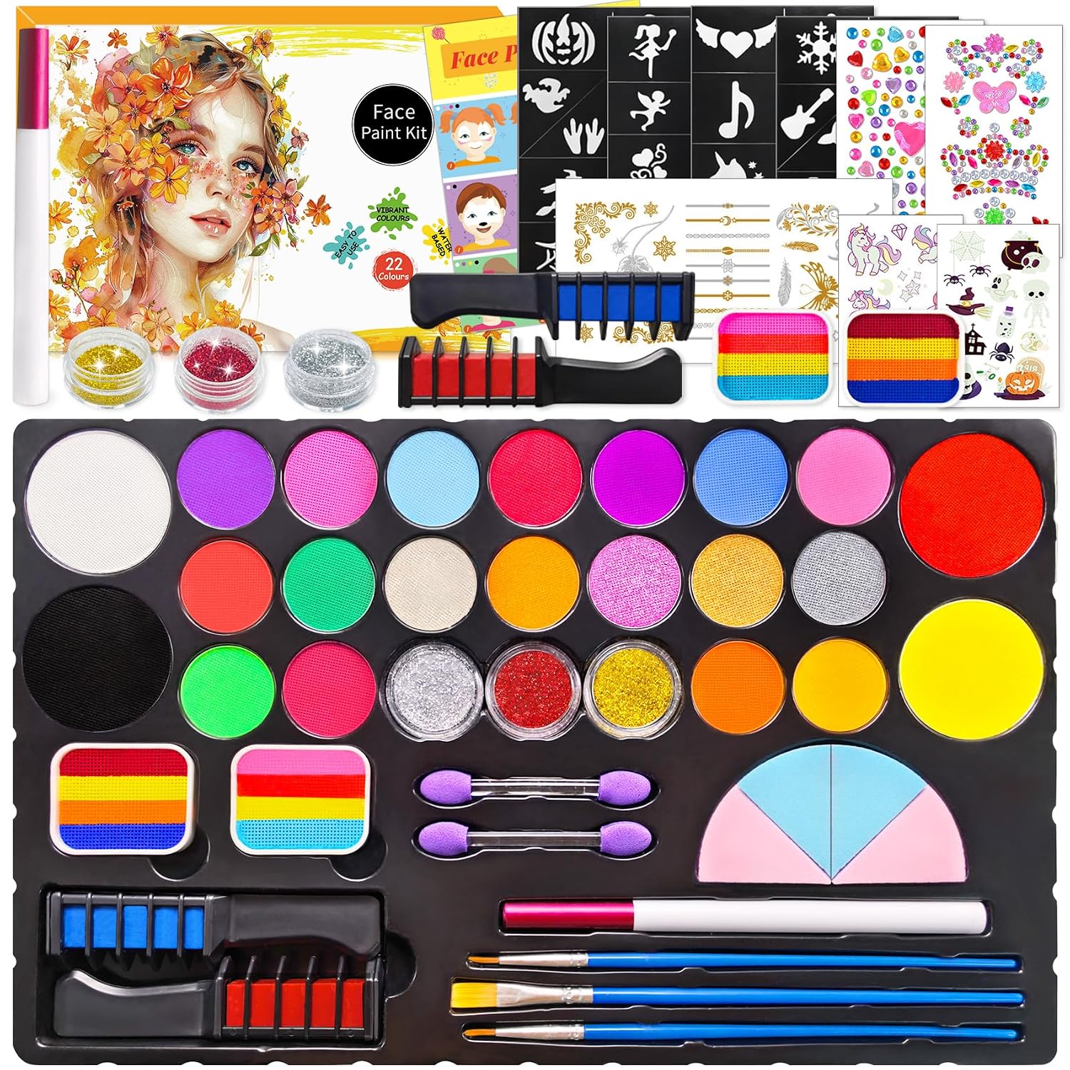Mekkyes Kinderschminke-Set mit 22 Farben, waschbar – inklusive Tattoos, Schablonen & Anleitung