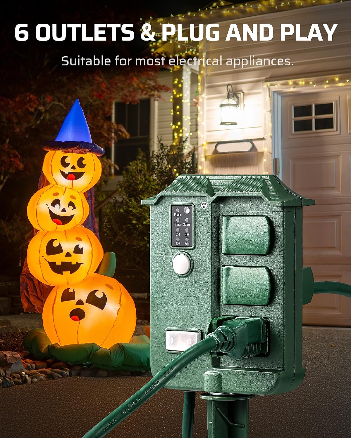 Detalle de DEWENWILS Outdoor Power Stake Timer with 6 Outlets and Remote Control