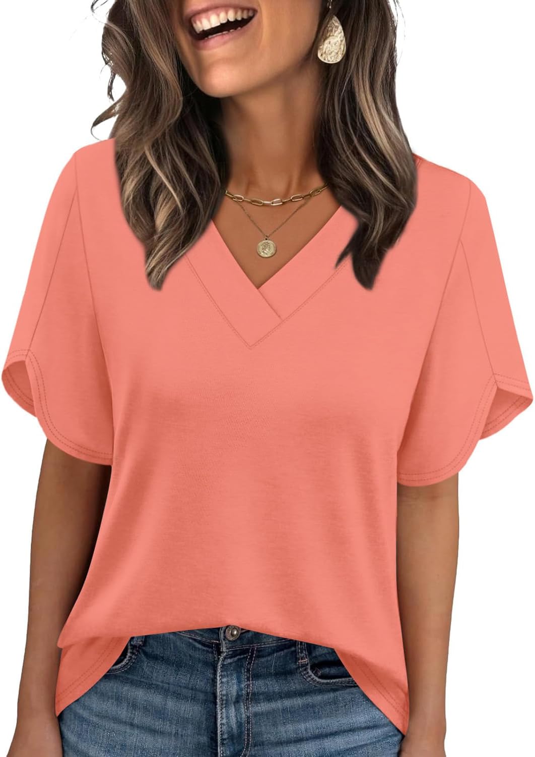 Detalle de WIHOLL Women’s V-Neck Split Petal Sleeve Summer Top