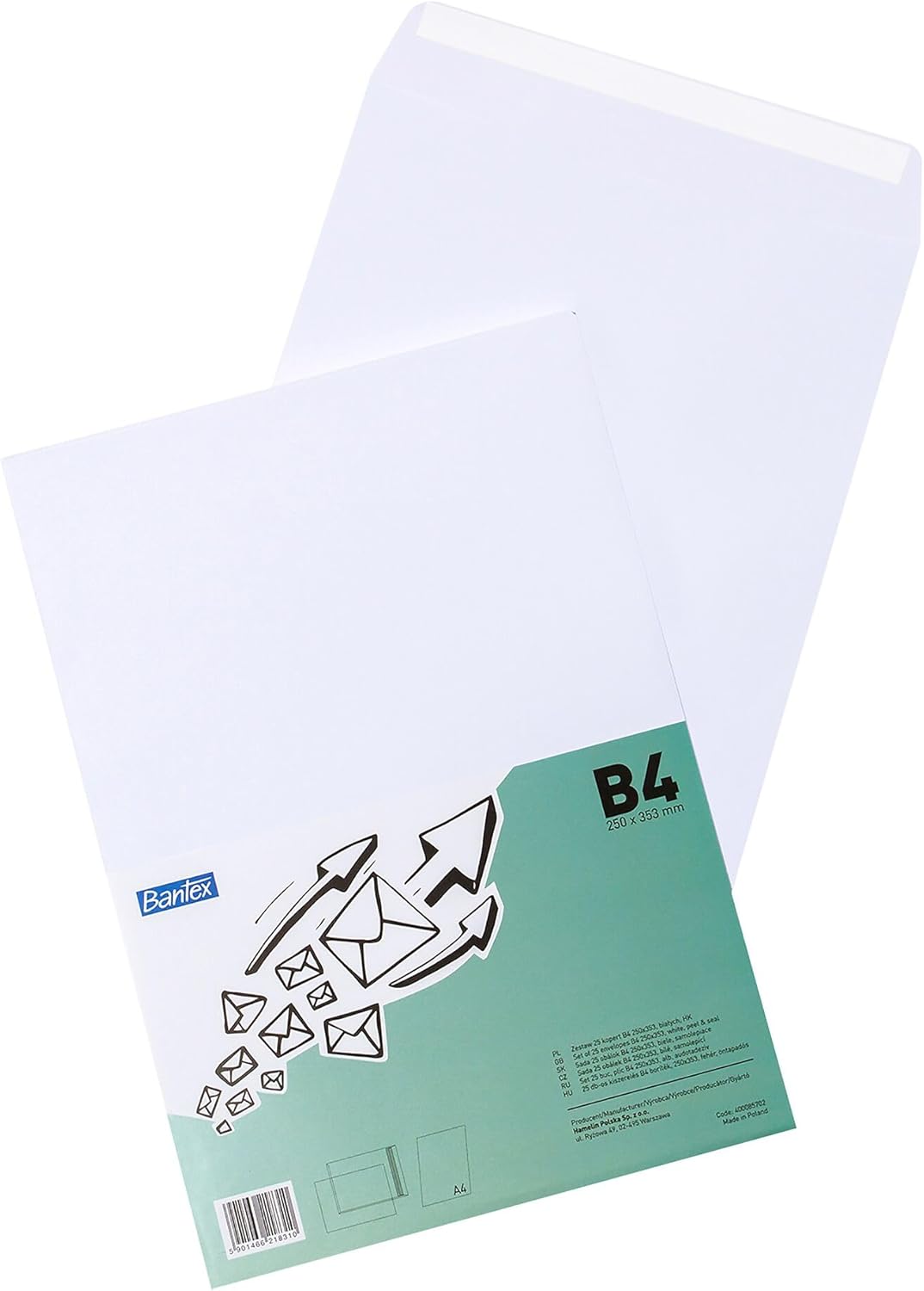 Enveloppes Bantex DIN B4 blanc avec bande détachable, lot de 25