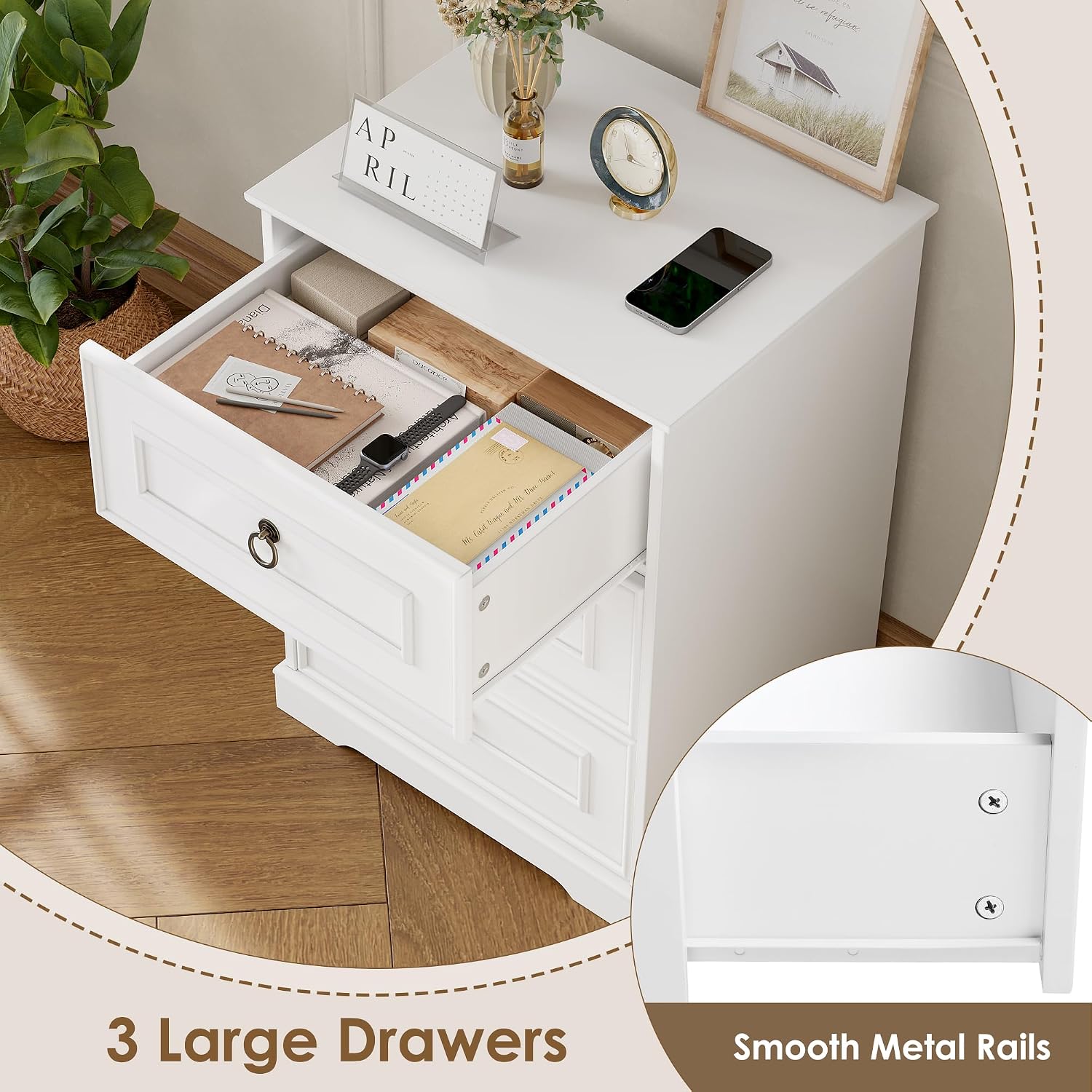 Detalle 2 de FOREHILL M312 White Bedside Table with 3 Drawers and Raised Base