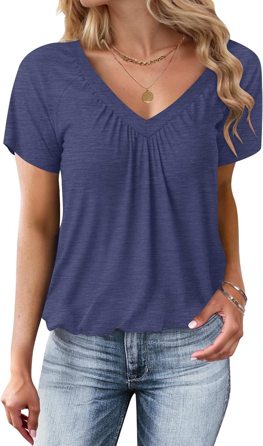 Detalle de WNEEDU Damen Basic T-Shirt mit V-Ausschnitt – Sommeroberteil mit plissiertem Frontmieder