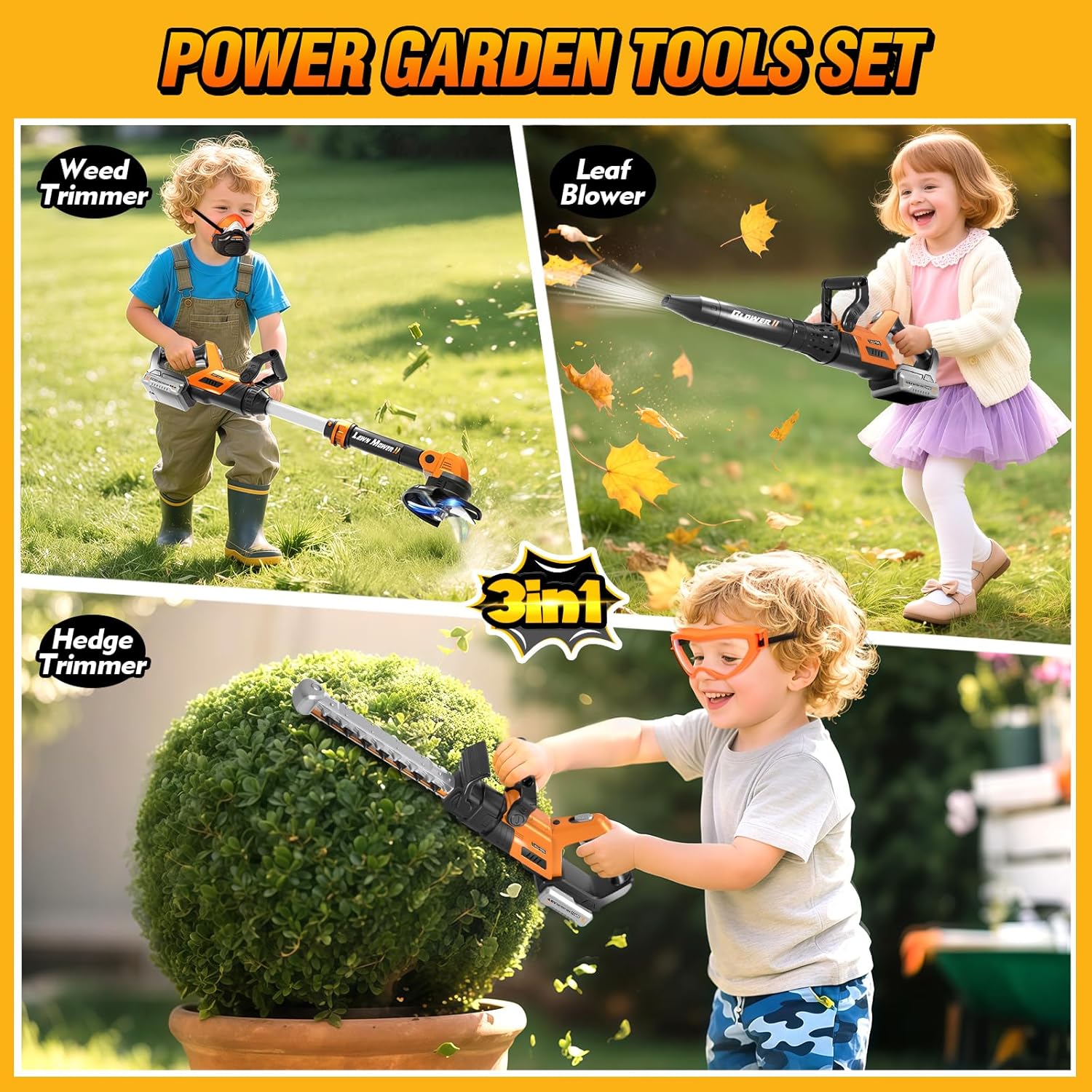 Detalle 2 de 3-IN-1 Kids Garden Tools with Lights and Sounds — Weed Wacker, Leaf Blower & Hedge Trimmer Toy