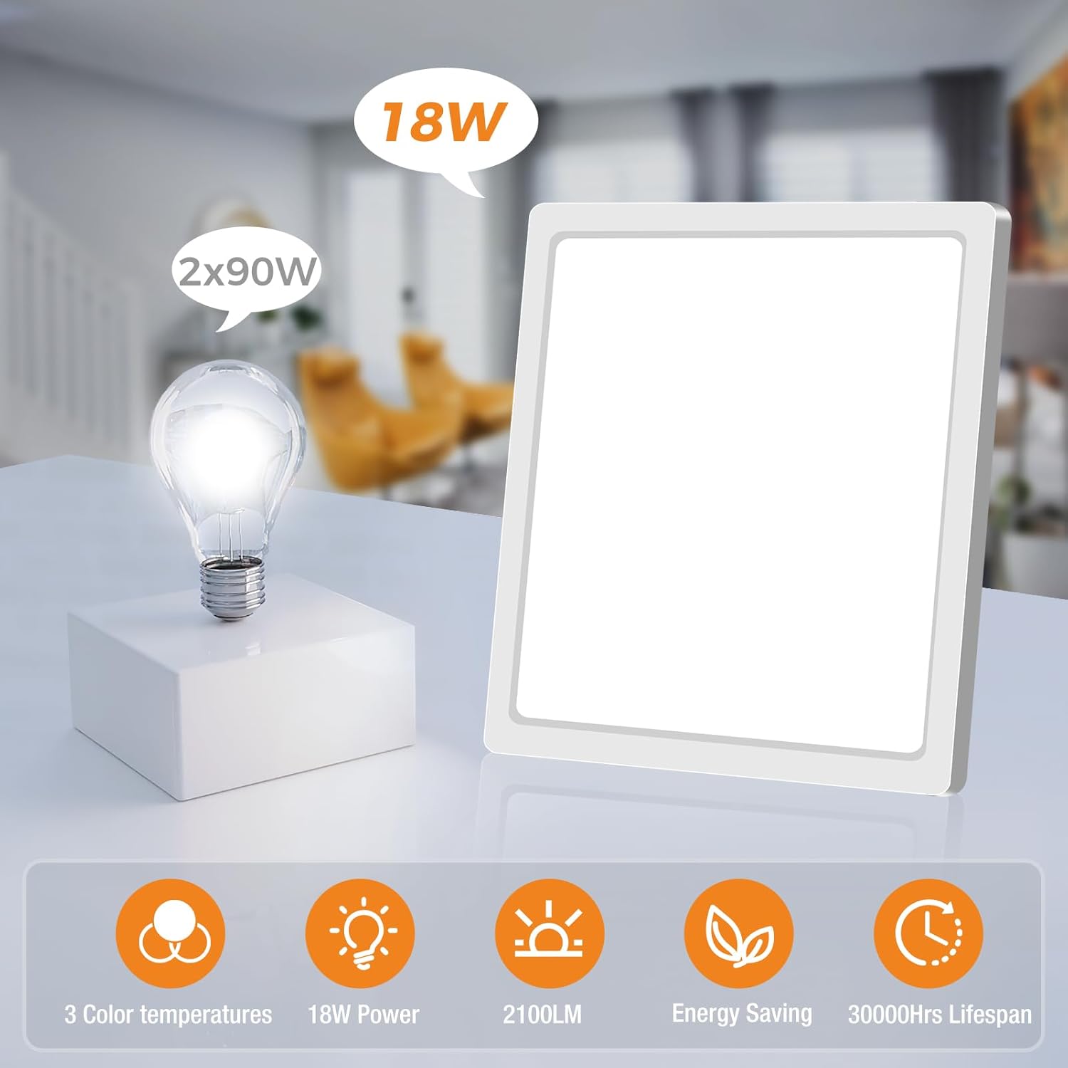 Detalle de Slochi 2Pack LED Ceiling Light – 3 Colour Temperatures, IP54 Waterproof, 18W, 2100LM, Ø22cm