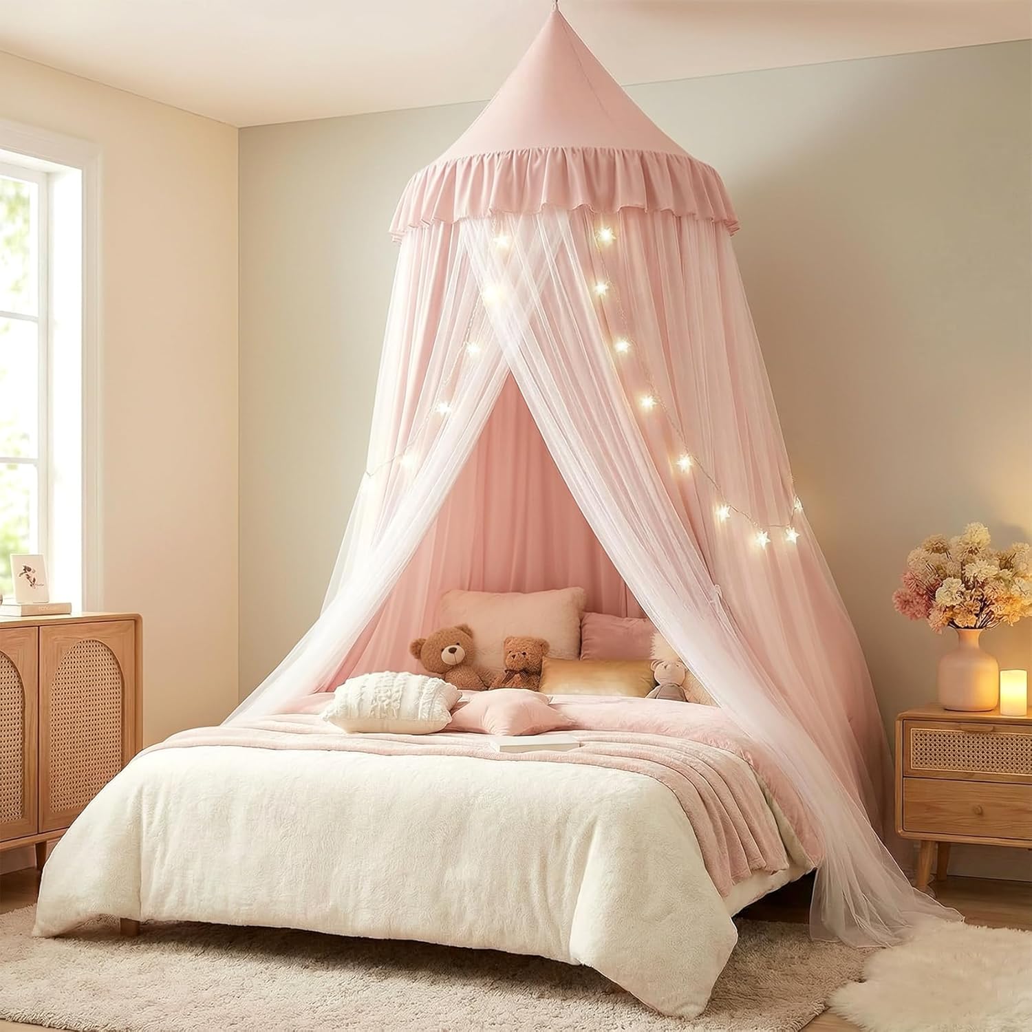 Thumbnail 6 de Mallify Moskitonetz Betthimmel mit Sternenlichtern – zweilagiges, atmungsaktives Bettüberdach in Rosa