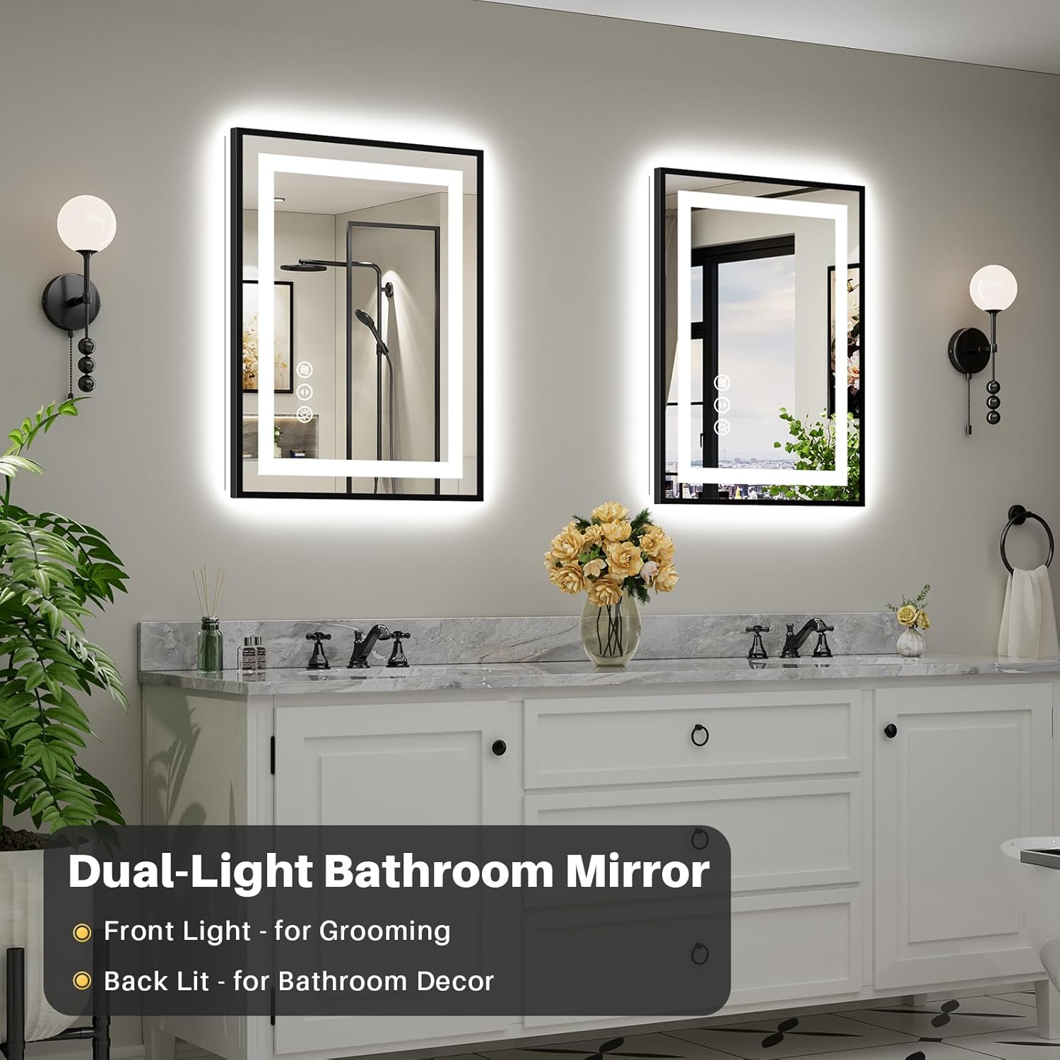 Thumbnail 2 de Briivue 24x32 LED Bathroom Mirror (Black Frame) with Dual Lighting, Anti-Fog, Dimmable + Memory