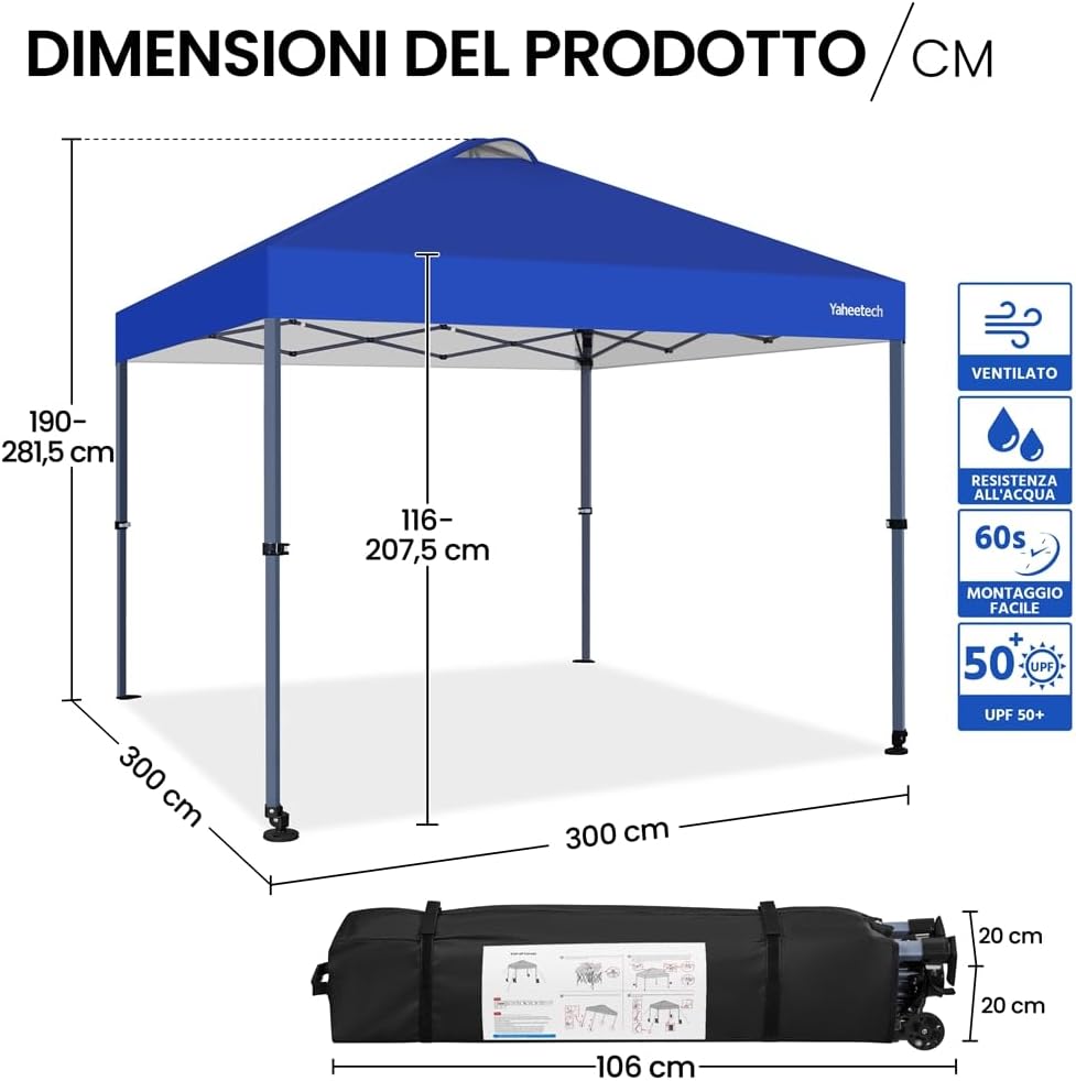 Thumbnail 2 de Yaheetech Gazebo pieghevole 3x3 m con ruote, tessuto poliestere e sistema click pop-up