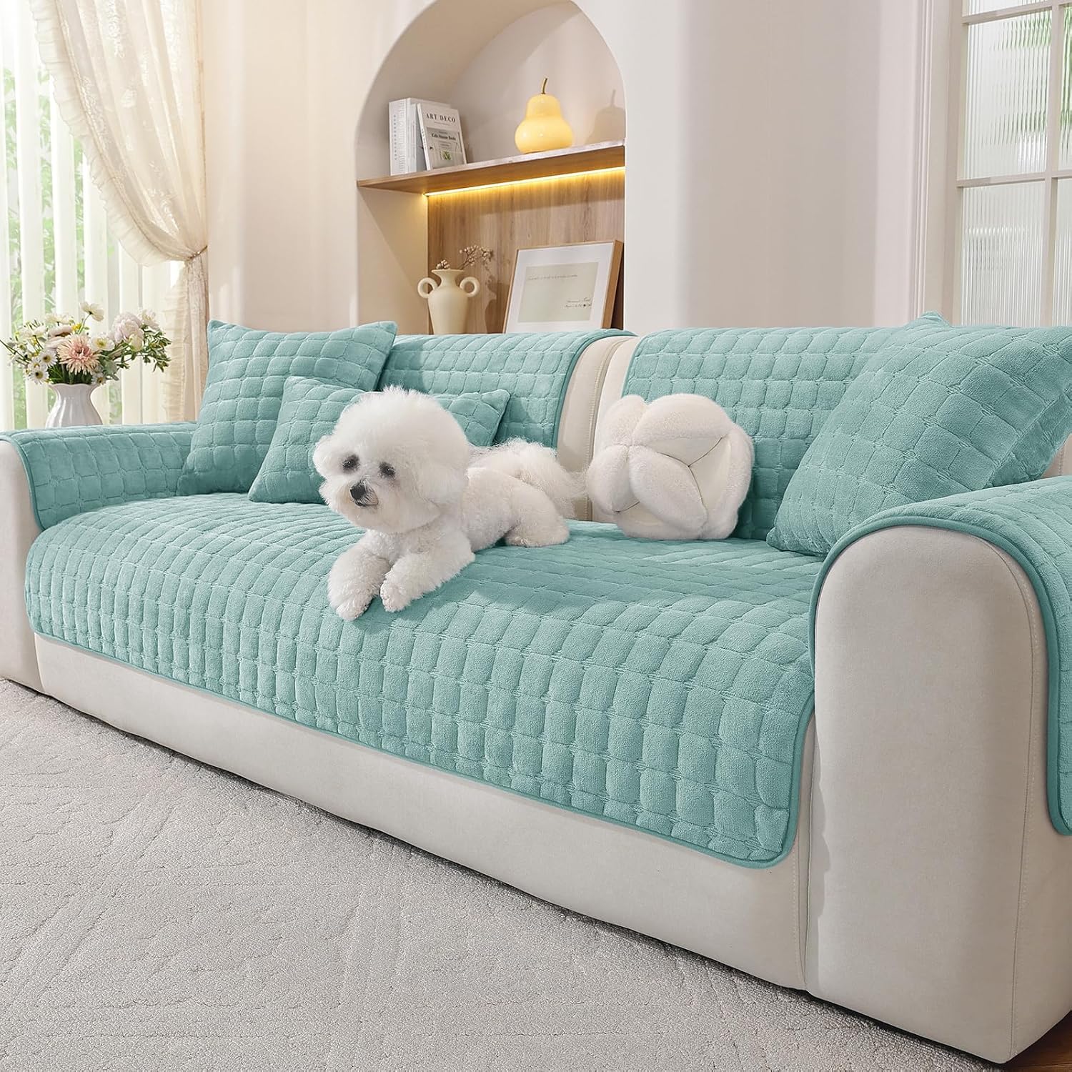 Detalle de Ystyle Copridivano in pile morbido con base antiscivolo, telo lavabile per divani 1/2/3/4 posti e chaise longue (turchese, 90x90 cm)