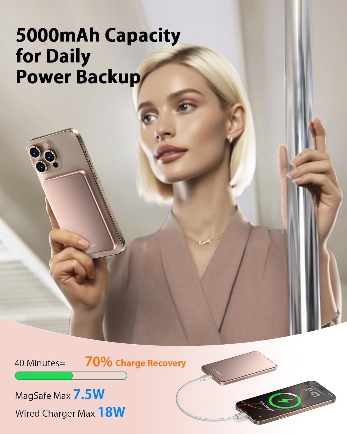 Detalle de ULiXWH MagS-1 5000mAh Magnetic Power Bank, Slim Pink Aluminum