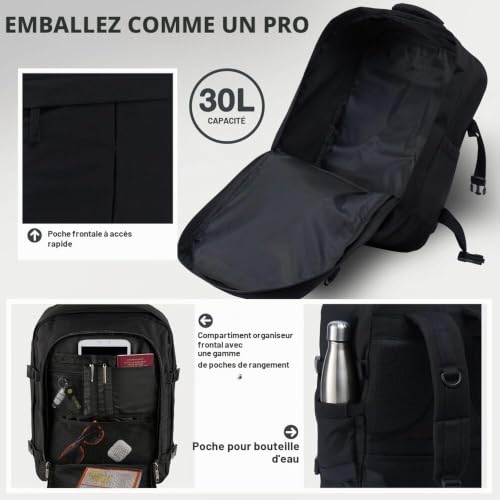 Detalle 2 de CabinMax Metz: Sac à Dos Cabin pour EasyJet et autres compagnies, 30 L, Polyester recyclé RPET 600D, Noir vintage