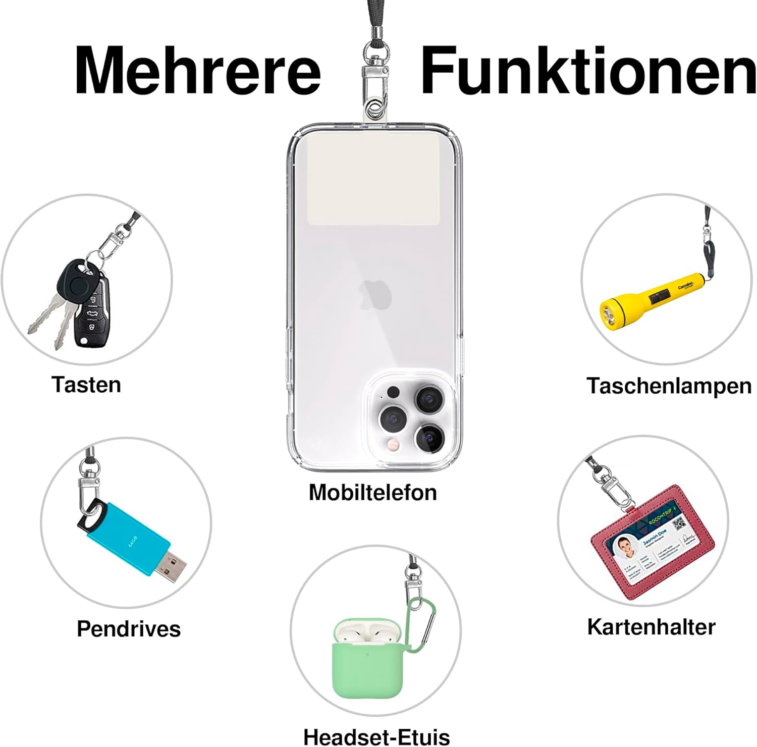 Detalle de TBOC Band Handykette/Schlüsselband (Braun + 2x Weiß Ice) mit Karabiner und Befestigungspatches – universal nutzbar