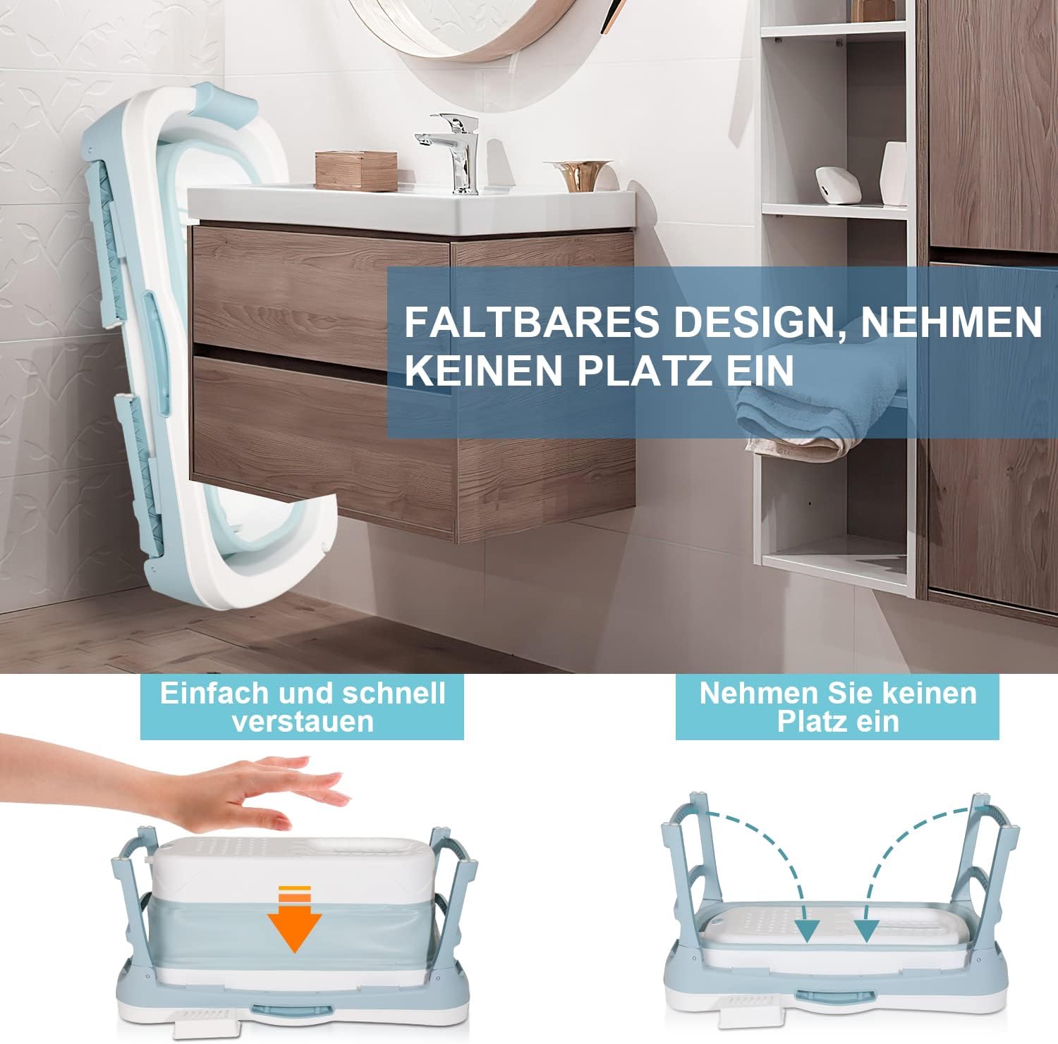 Detalle de Cecaylie Vasca da bagno portatile pieghevole per adulti con coperchio e cestino – 118 x 60 x 50 cm, blu