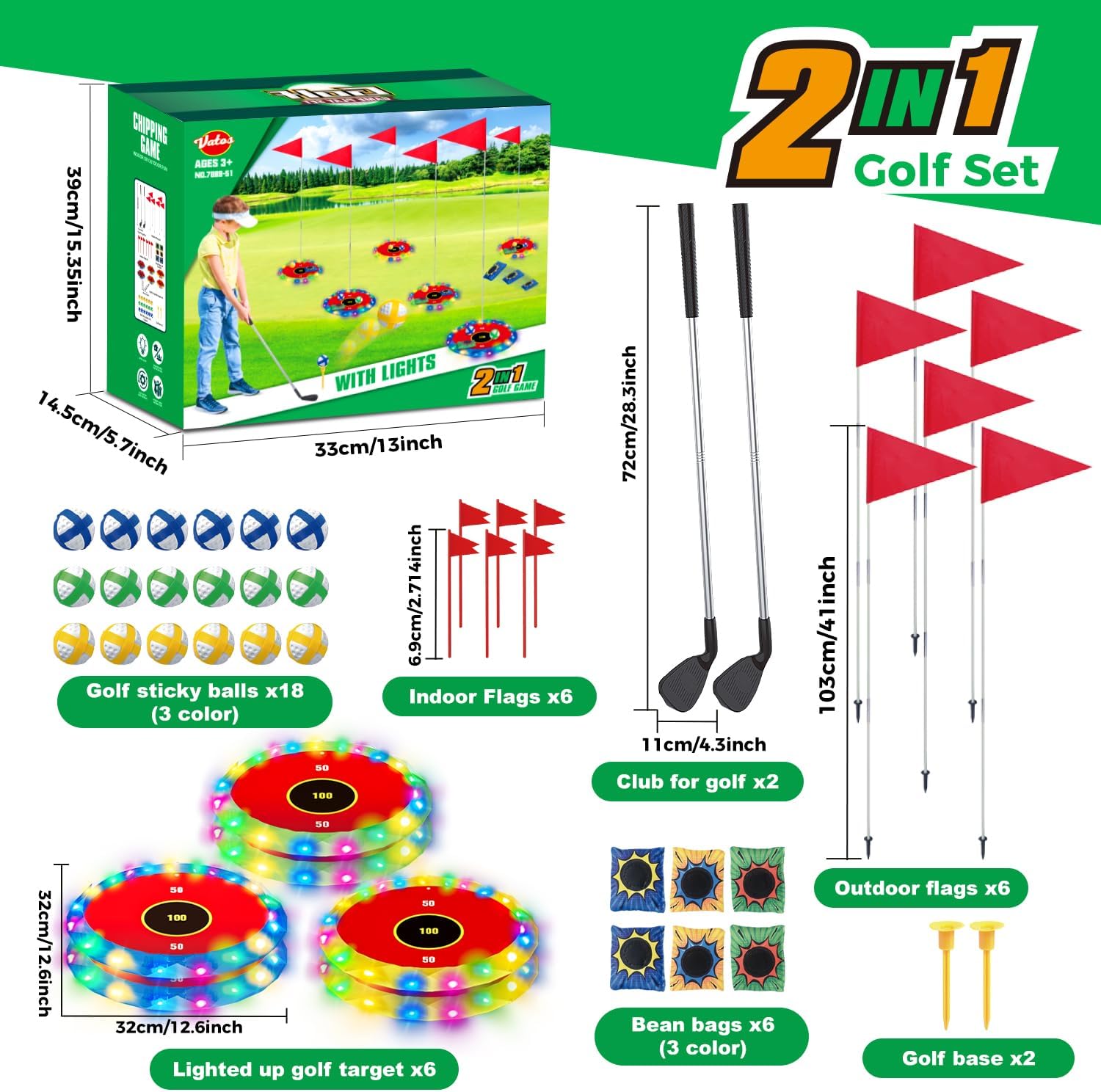 Thumbnail 4 de VATOS 2-in-1 Golf con luci per bambini – Gioco di chipping e lancio con bersagli LED, 2 mazze e 18 palline