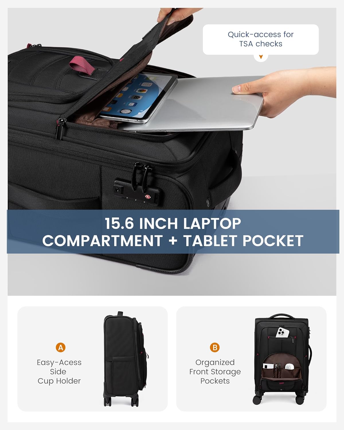 Detalle de LoveVoook Carry On Luggage 22x14x9 — Airline Approved Softside Spinner with Front Laptop Compartment