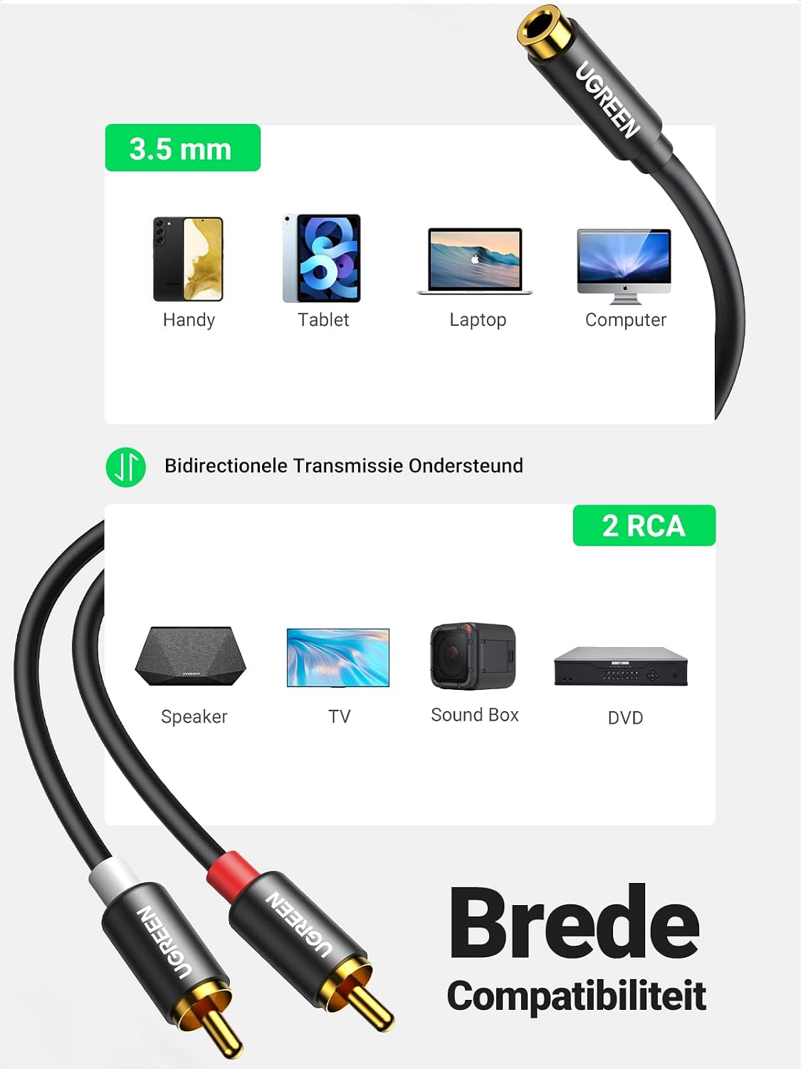 Thumbnail 4 de UGREEN 3,5mm-jackadapter naar 2 RCA-cinchstekkers, 25 cm, metalen behuizing