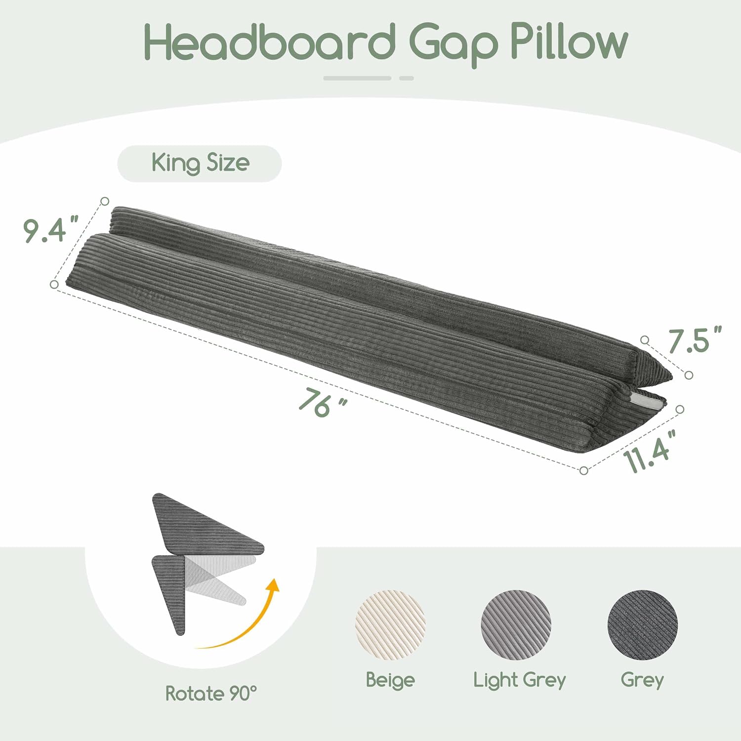 Detalle 2 de HIGOGOGO WP King Size Bed Wedge Pillow, Grey Corduroy, 0–7-inch Gap Filler