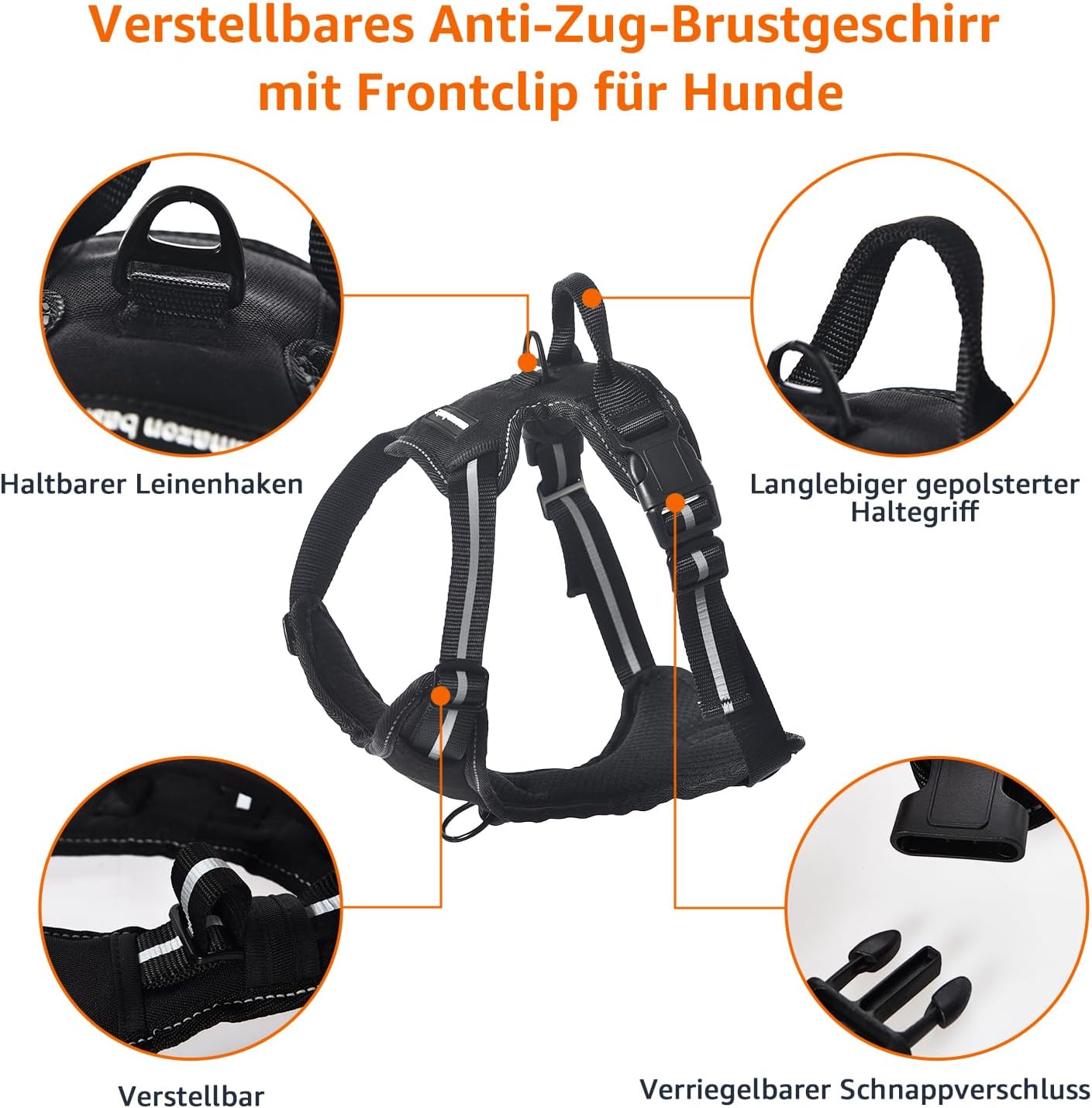 Detalle de Amazon Basics Anti-Zieh-Hundegeschirr, verstellbar, mittelgroß, schwarz