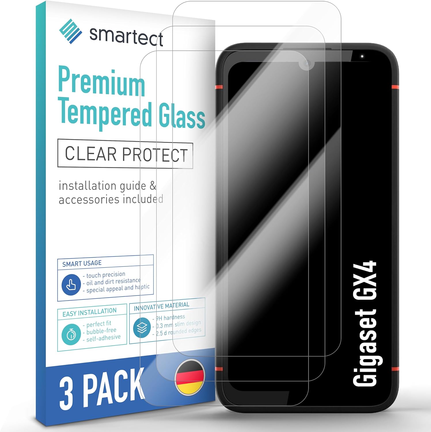 Detalle de SmarTect Gigaset GX4 Tempered Glass Screen Protector, 9H, 0.3 mm, 3-Pack