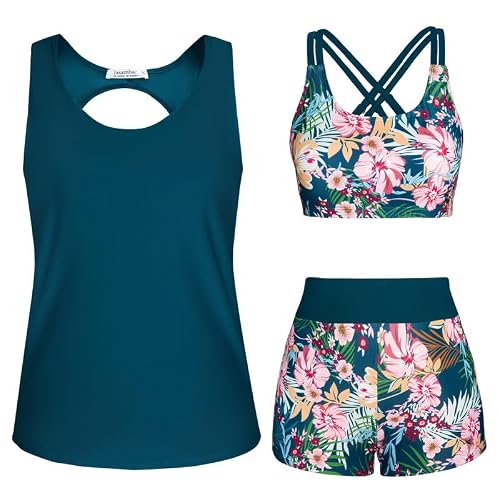 Detalle de JASAMBAC Tankini Damen – Dreiteilige Bademode mit Push-Up Oberteil und Hoher Taille