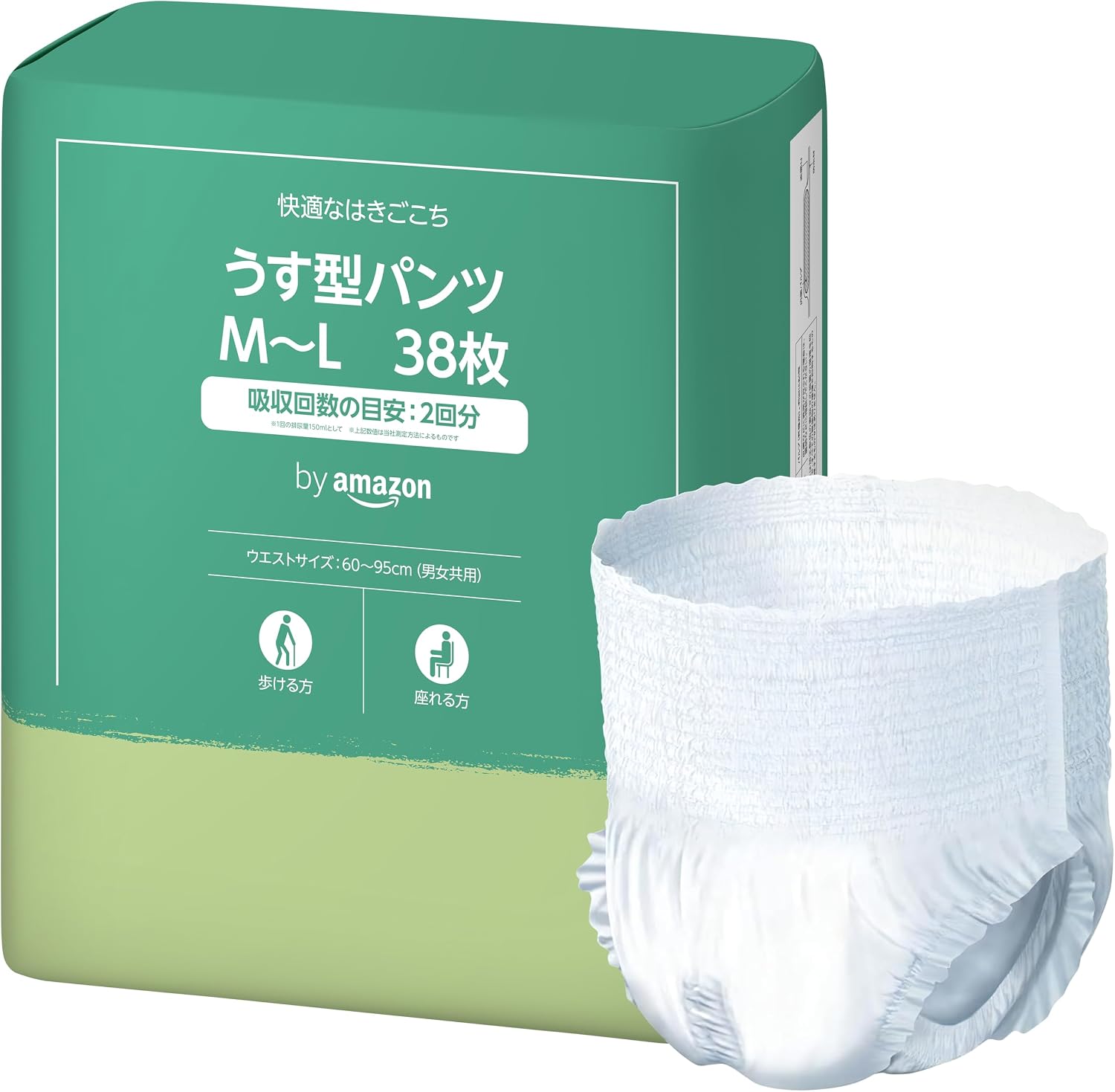 Detalle de by Amazon うす型パンツ M~L 38枚 大人用紙おむつ 2回吸収・全面通気