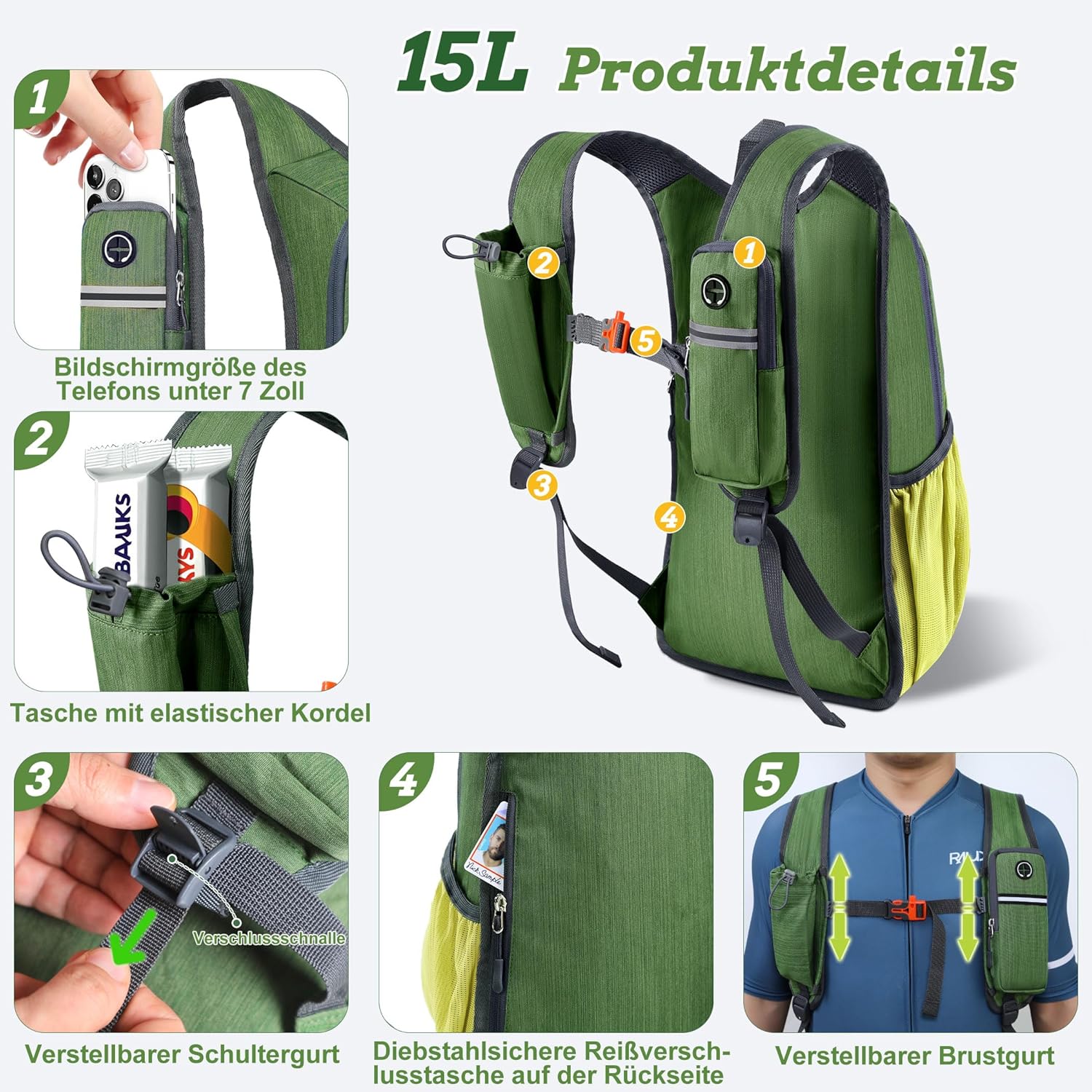 Thumbnail 1 de BECOJADDE 15L Wanderrucksack mit Faltfunktion – leichter Daypack für Camping, Outdoor und Reisen (olivgrün/gelb)