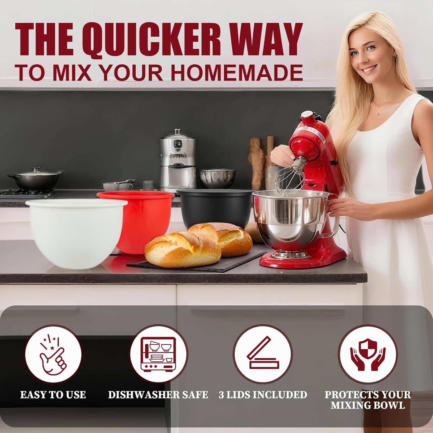 Detalle 2 de GuanQiao Silicone Bowl Liners for 5 Qt KitchenAid Mixers, 3 with Lids 🍲