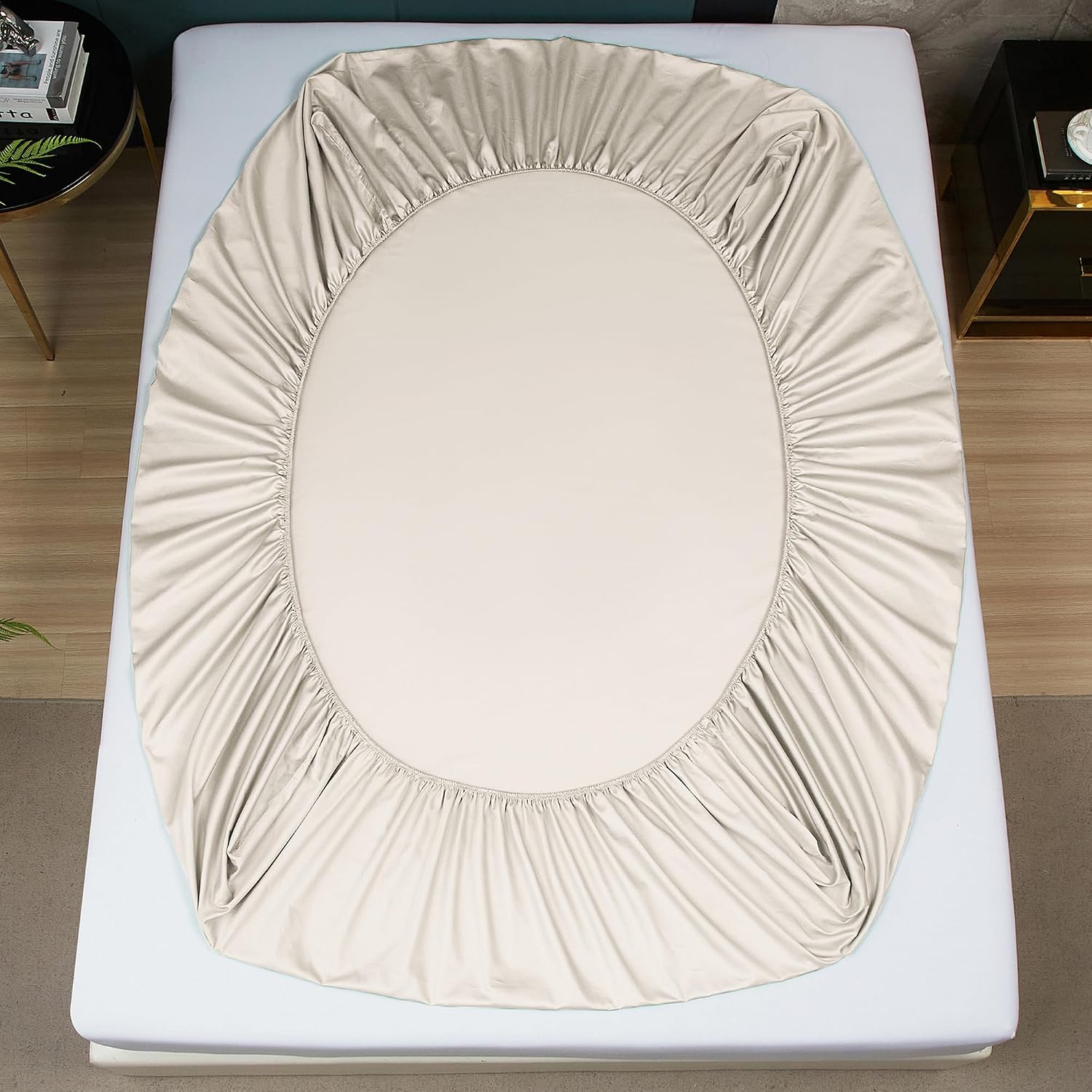 Detalle de Luofanfei Mako-Satin Spannbettlaken aus Baumwolle, 100 x 200 cm, für Matratzenhöhe bis 25–30 cm (Beige)