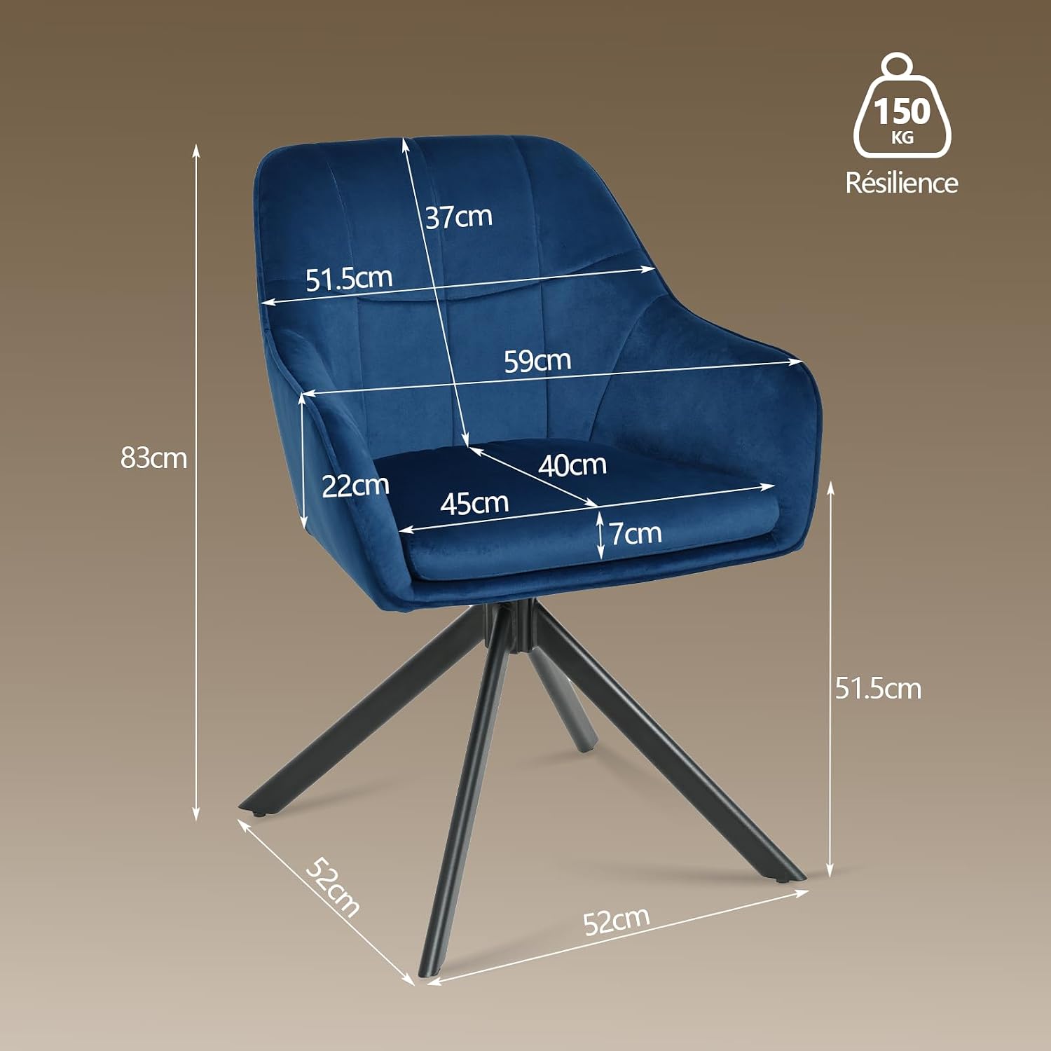 Thumbnail 2 de Lot de 4 chaises pivotantes à 360° en velours avec accoudoirs Goeurvant – bleu foncé