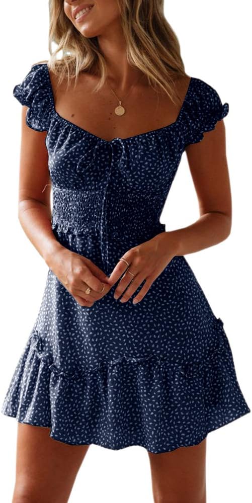 Detalle de YOBECHO Women's Summer Ruffle Sleeve Sweetheart Neckline Dress